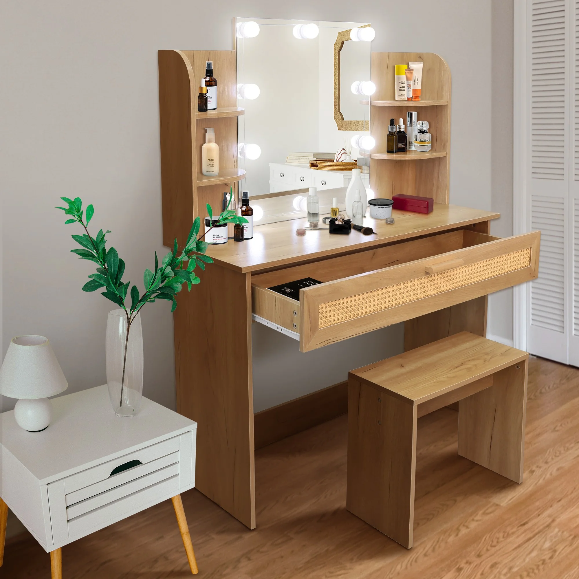 Resenkos Vanity Desk Set with Mirror and Lights for Makeup, 5 Drawers Storage Dresser for Bedroom, White