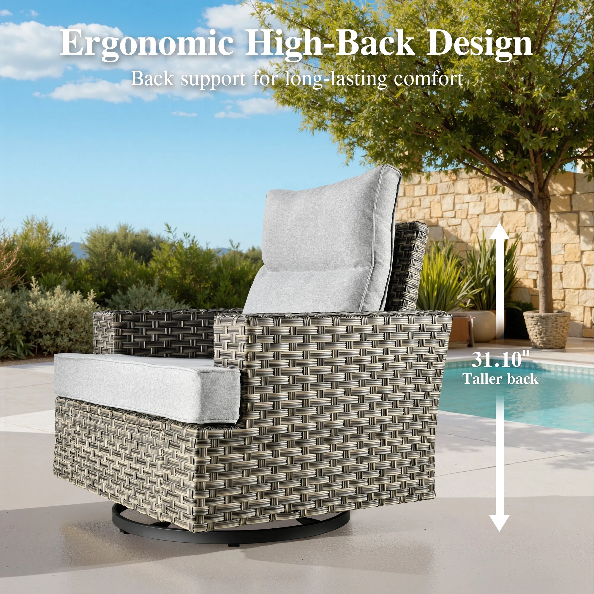 Ovios 10 Pieces Outdoor Patio Furniture Modern High-Back All-Weather Wicker Sectional Conversation Set with Propane Fire Pit Table & Swivel Chair, Dark Gray