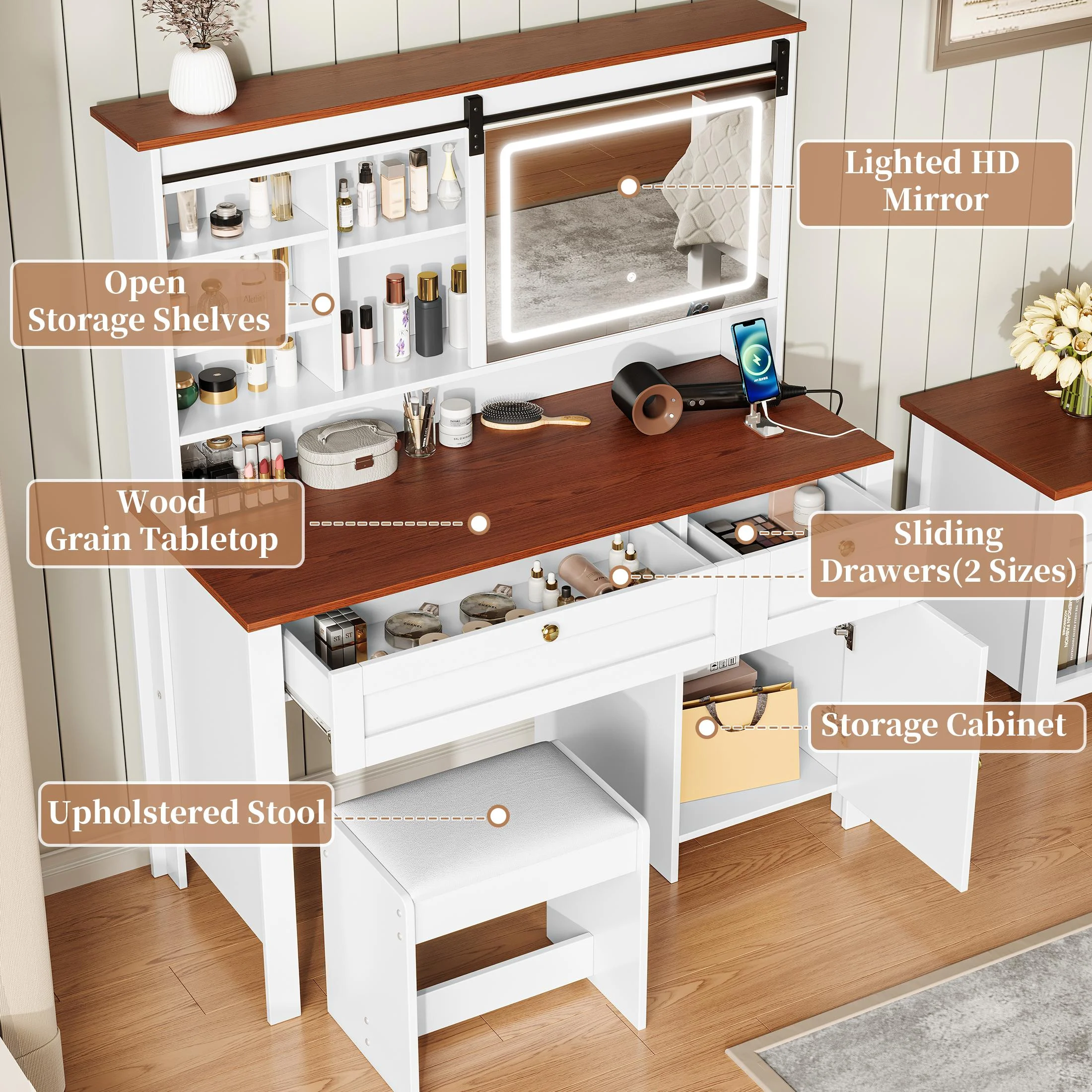 PAPROOS Vanity Set with Sliding Mirror and Lights, Large Farmhouse Makeup Desk with Charging Station, Dressing Table with 2 Drawers and Storage Cabinet, Upholstered Stool, White