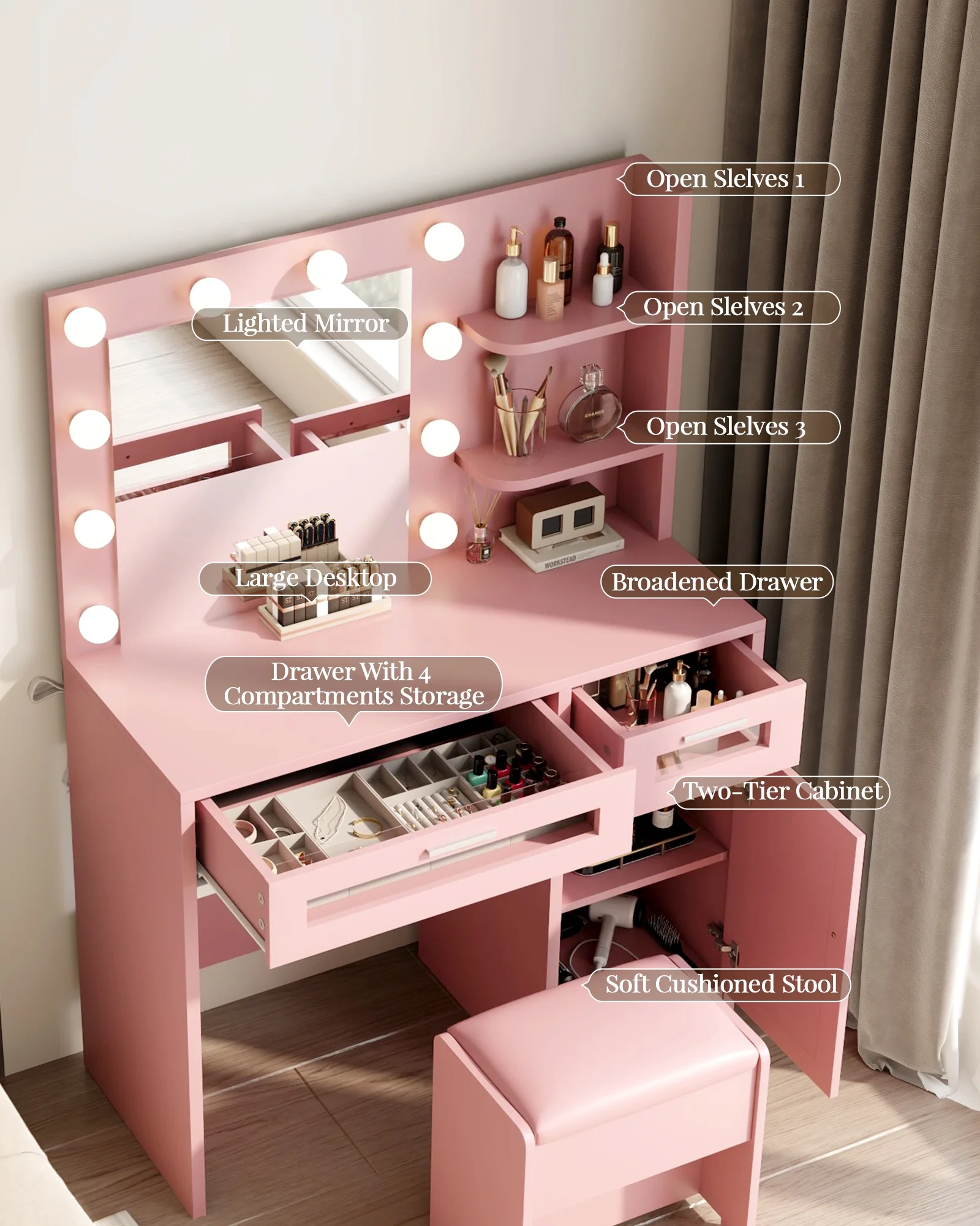 LIVELYGLOW Vanity Desk with Mirror and Lights, Makeup Vanity with Drawer & Storage Shelves, Cabinet, 3 Lighting Modes Adjustable Brightness,White