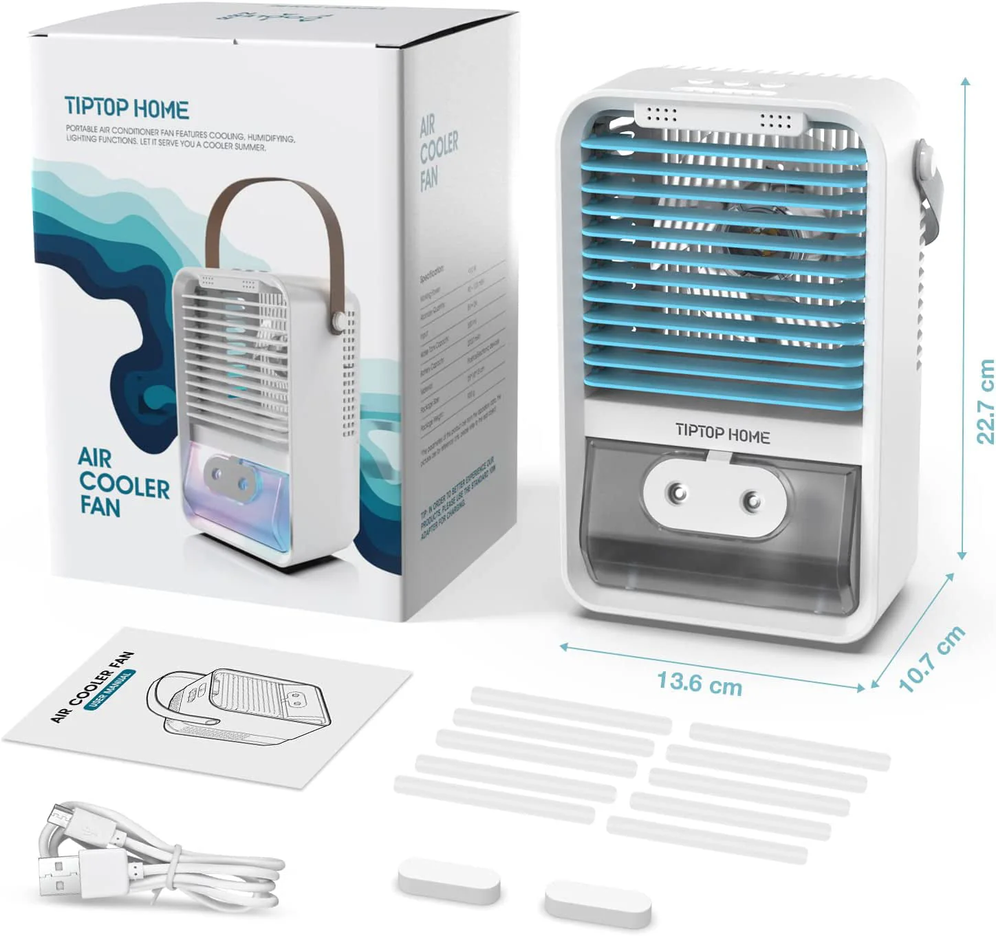 Flend Portable Air Conditioner Fan, Evaporative Air Cooler Humidifier, Small Desktop Cooling Fan with 7-Color LED Light for Room Office Camping, Blue