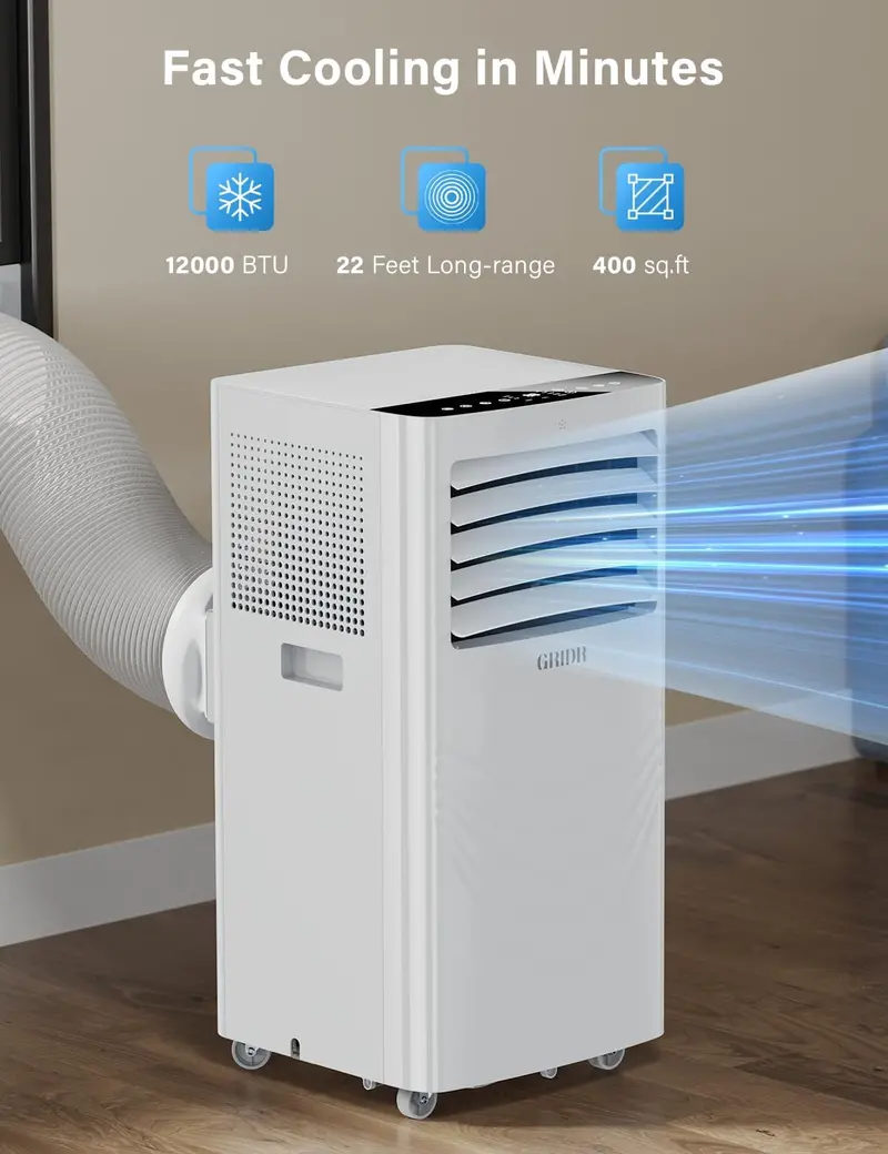 12000 BTU Portable Air Conditioner – 4-in-1 Cooling. Dehumidifying. Fan & Sleep Modes. Ultra-Quiet 45dB. 400 Sq. Ft. Coverage. 24-Hour Timer & Remote Control