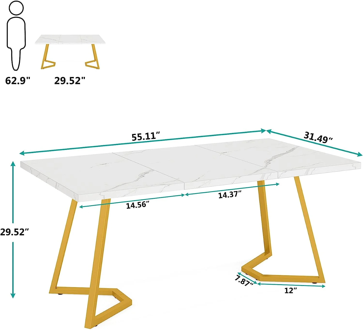 Finmind Modern Home Office Desk, Adult Study Writing Table with Metal Legs, White & Gold, 55.11