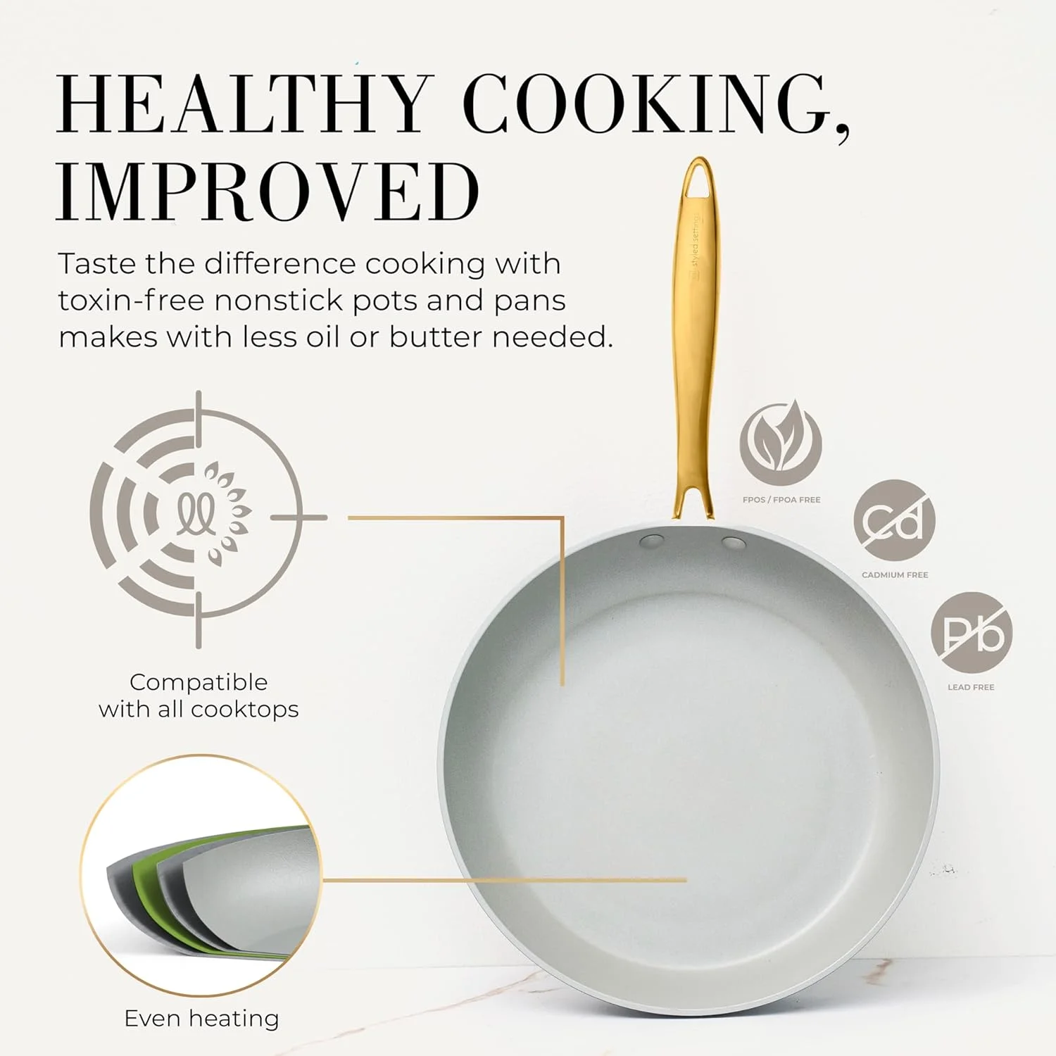 Styled Settings White Pots and Pans Set Nonstick-15 Piece Luxe White Cookware Set Non Toxic,Oven Safe,Induction Safe Cooking Pot with Strainer Lid,Gold Cooking Utensils,Gold Pots & Pans��