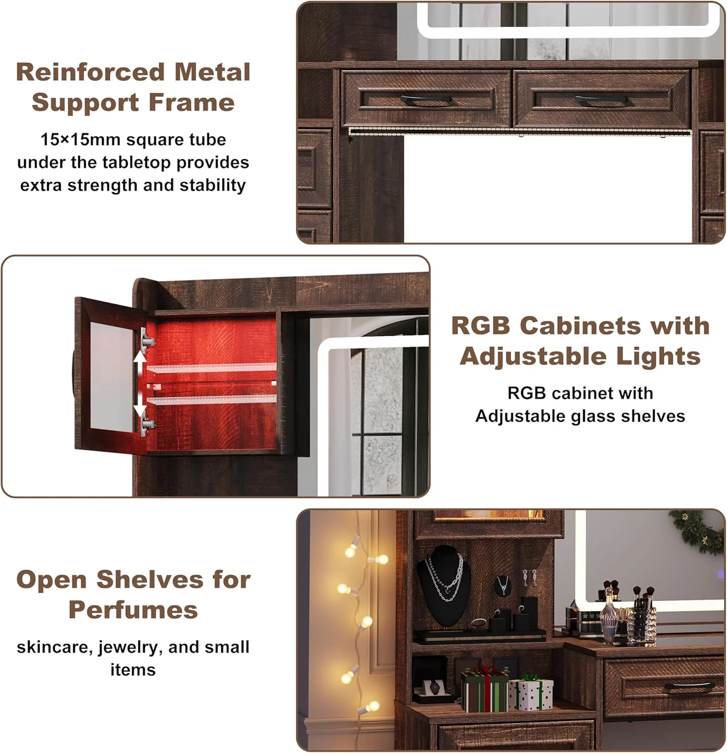 ChVans 62'' Large Vanity Desk with Tempered Glass Top & Charging Station, Farmhouse Makeup Vanity with 8 Storage Drawers & 2 LED Glass Storage Cabinets & 3 Lights Mode LED Mirror for Women Gift