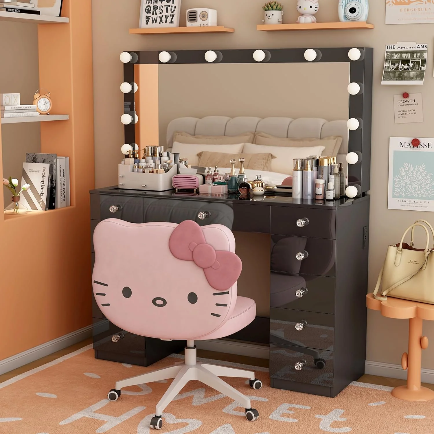 Linor Modern Adult Vanity Desk Set with Mirror, 14 LED Lights, 11 Drawers, Glass Top, White
