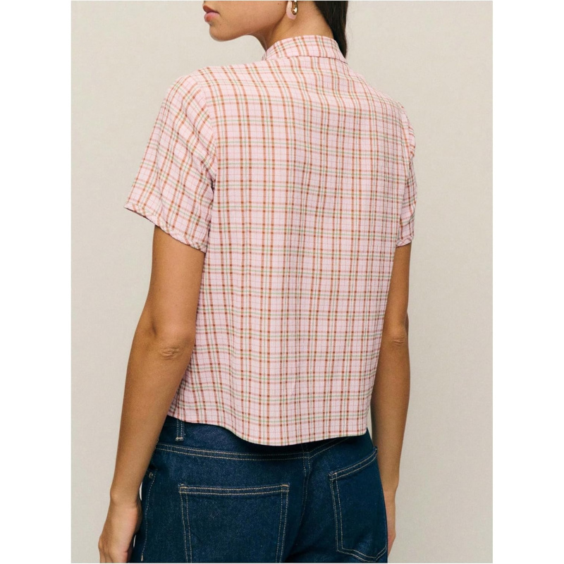 Women's Plaid Cheongsam Top Short Sleeve Mock Neck Gingham Blouse Shirts