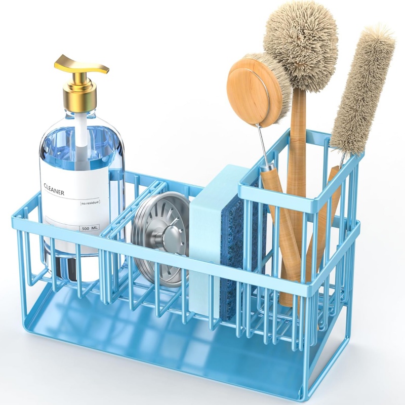 Blue Kitchen Sink Caddy Organzier with High Brush Holder