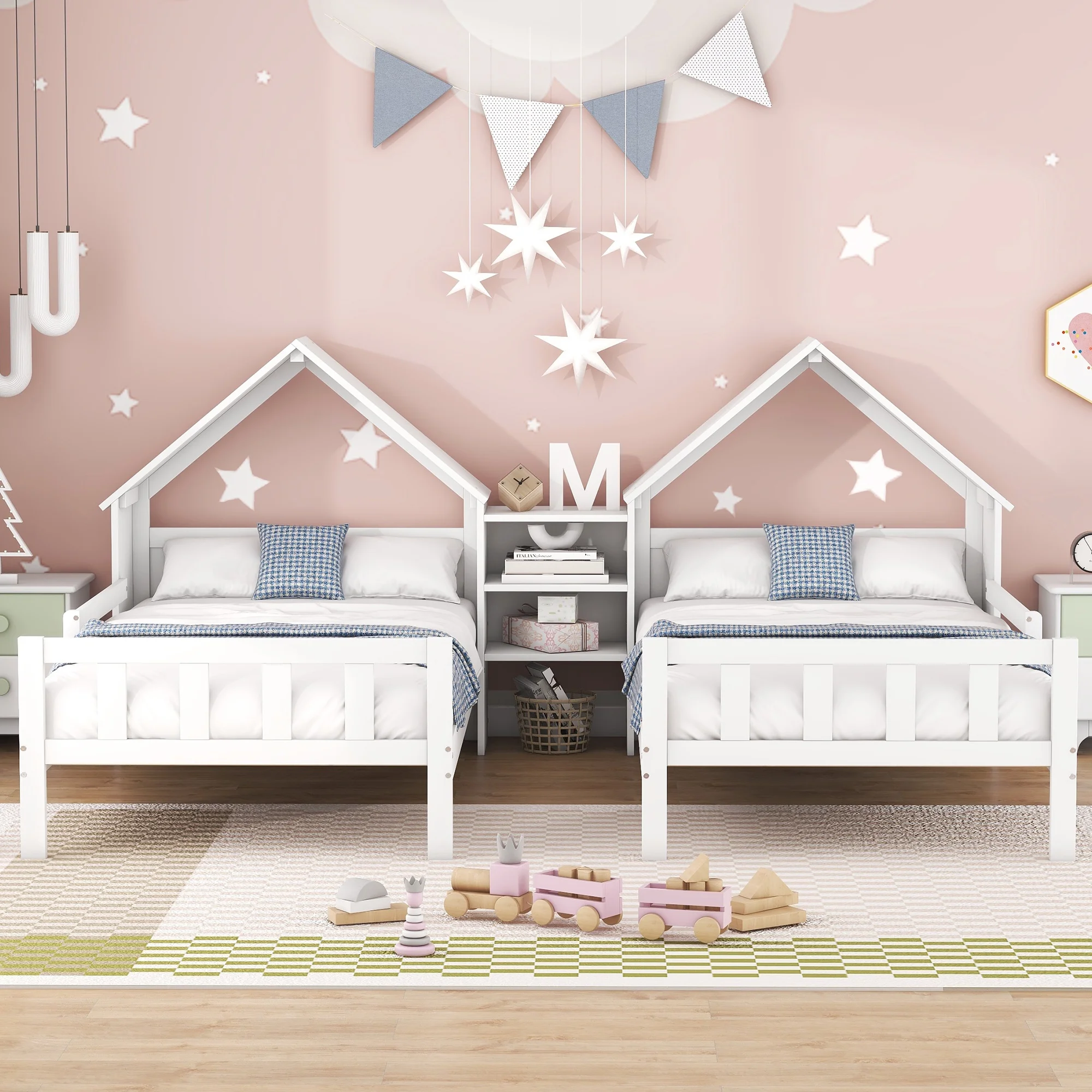 Euroco Twin Size Wood House Platform Bed, Two Beds in One with Desk and Shelf, 2 Platform Beds for More Kids Teens, Gray