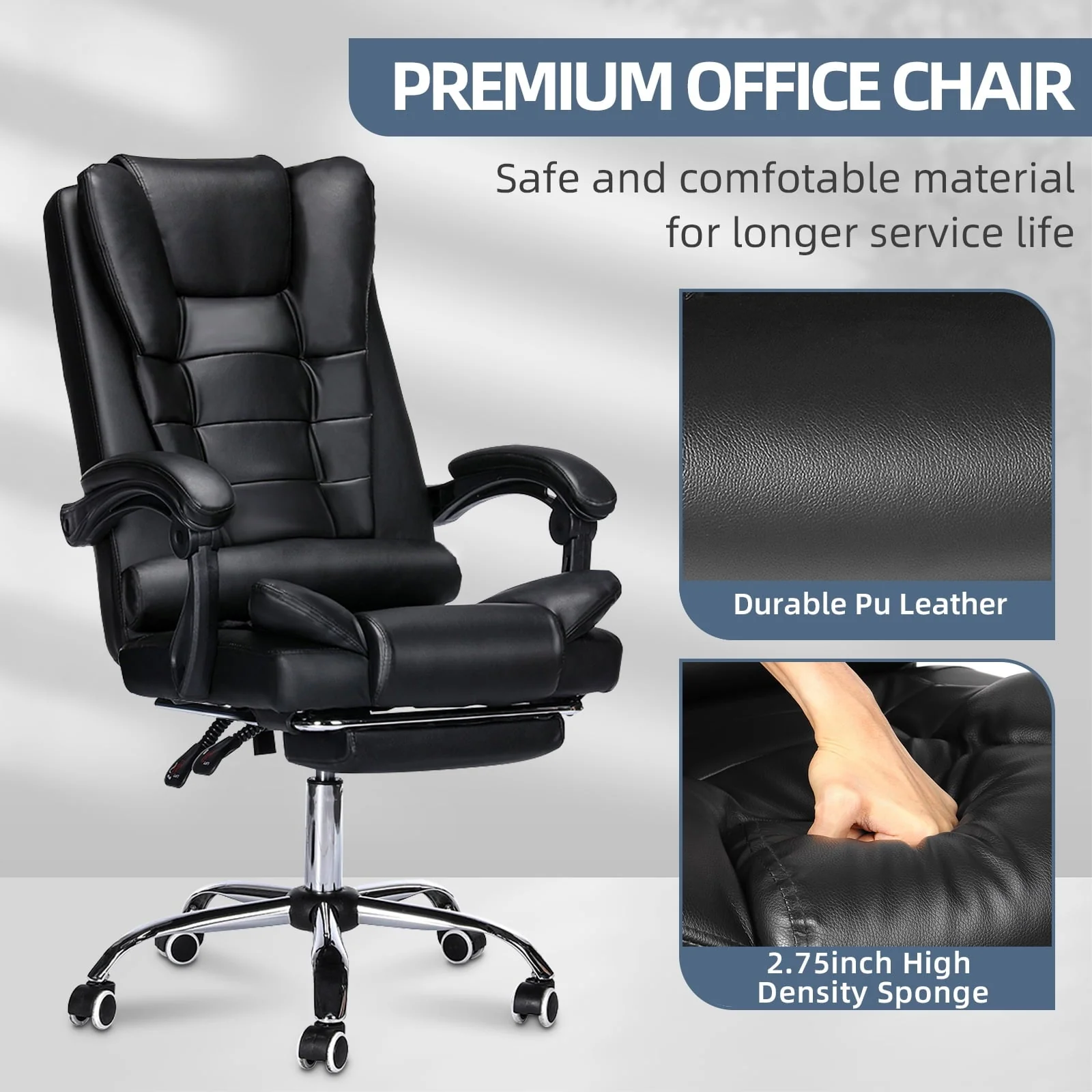 Hoffree Office Chair Ergonomic Computer Desk Chair Big and Tall Executive Leather Chair High Back Adjustable Task Chair with Wheels Lumbar Back Support Footrest for Home Office Black