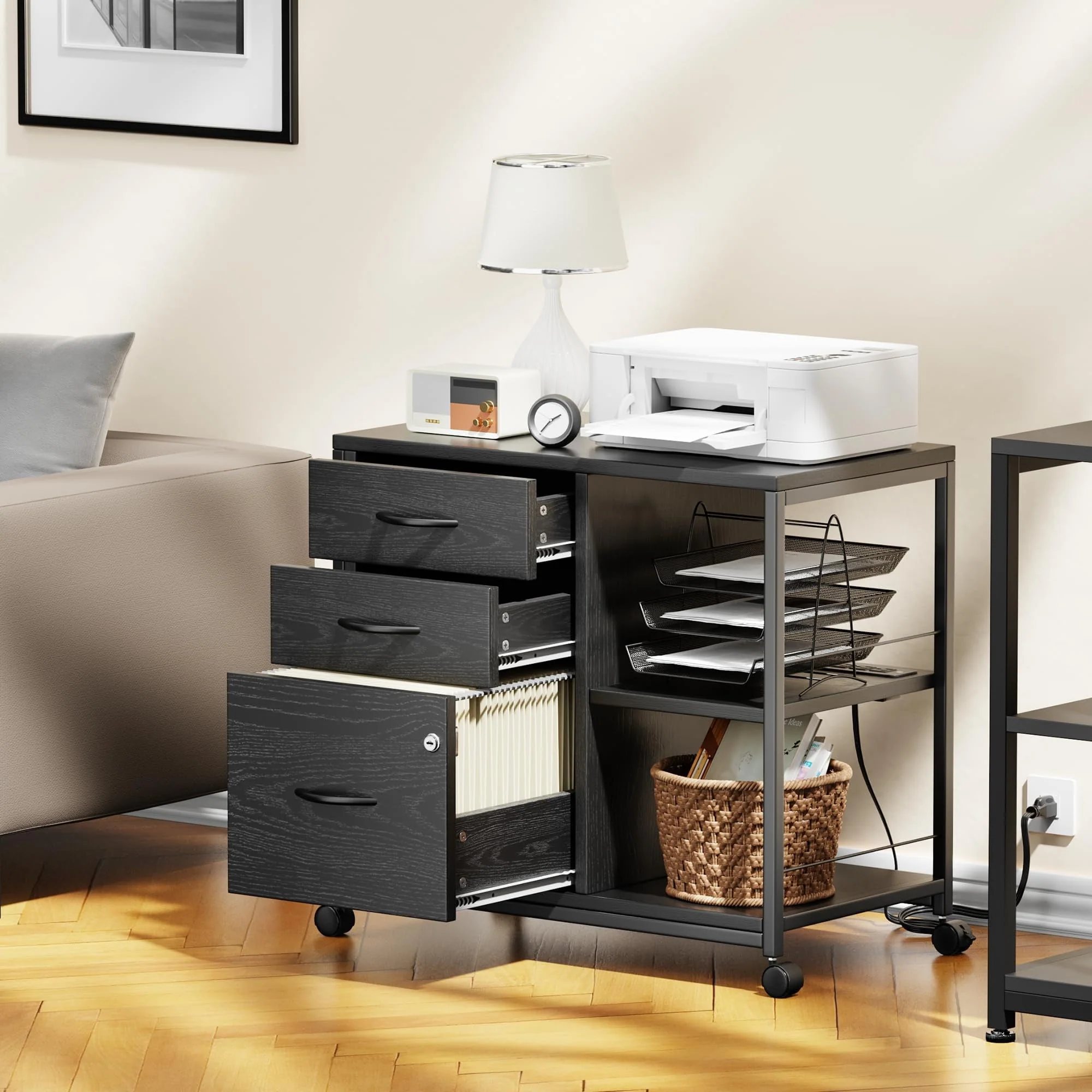 Himusi File Cabinet with USB Charging Ports Socket, 3 Drawers File Organizer for Home Office, Rolling Lateral Filing Cabinet for Printer Stand with Storage, Balck