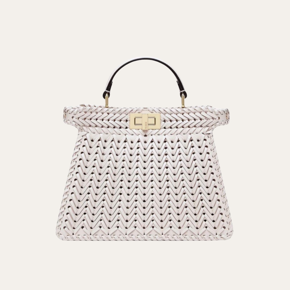 Fendi Peekaboo ISeeU Camellia Interlace Leather Bag White 11 Inches