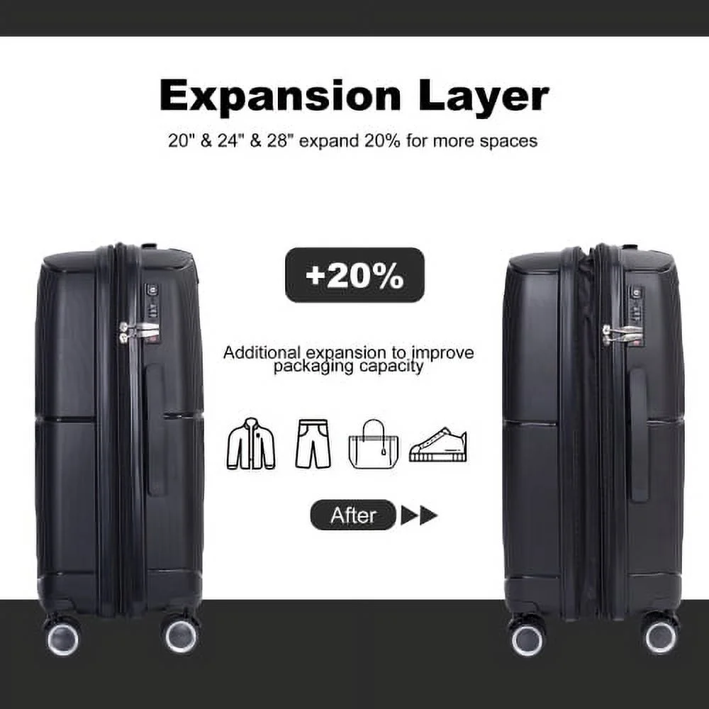 3 Piece Luggage Set Expandable Suitcases Set with Spinner Wheels & TSA Locks, Black