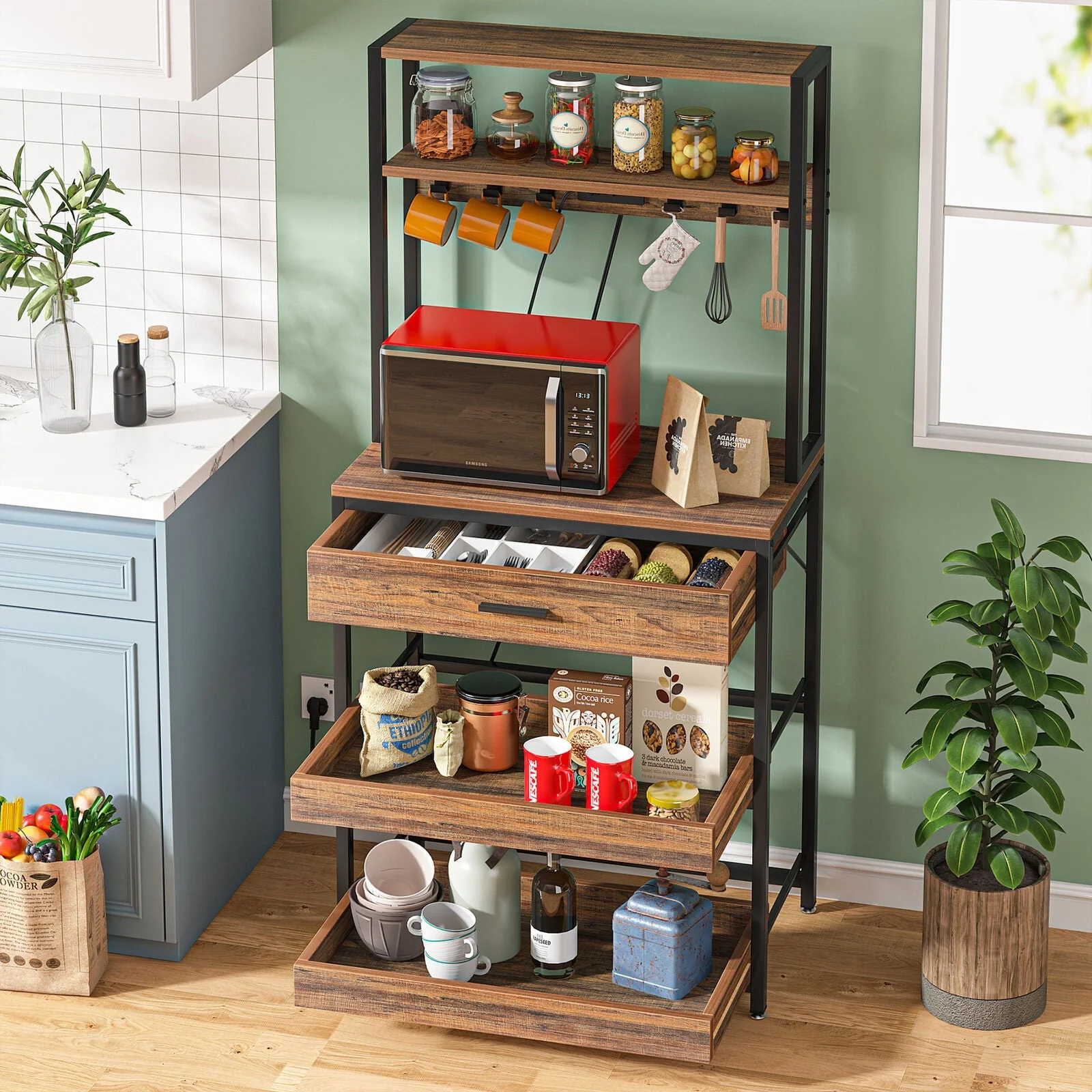 Tribesigns Kitchen Bakers Rack with Power Outlets, 5 Tier Microwave Oven Stand with Drawer, Sliding Shelves & Hooks, Rustic Brown