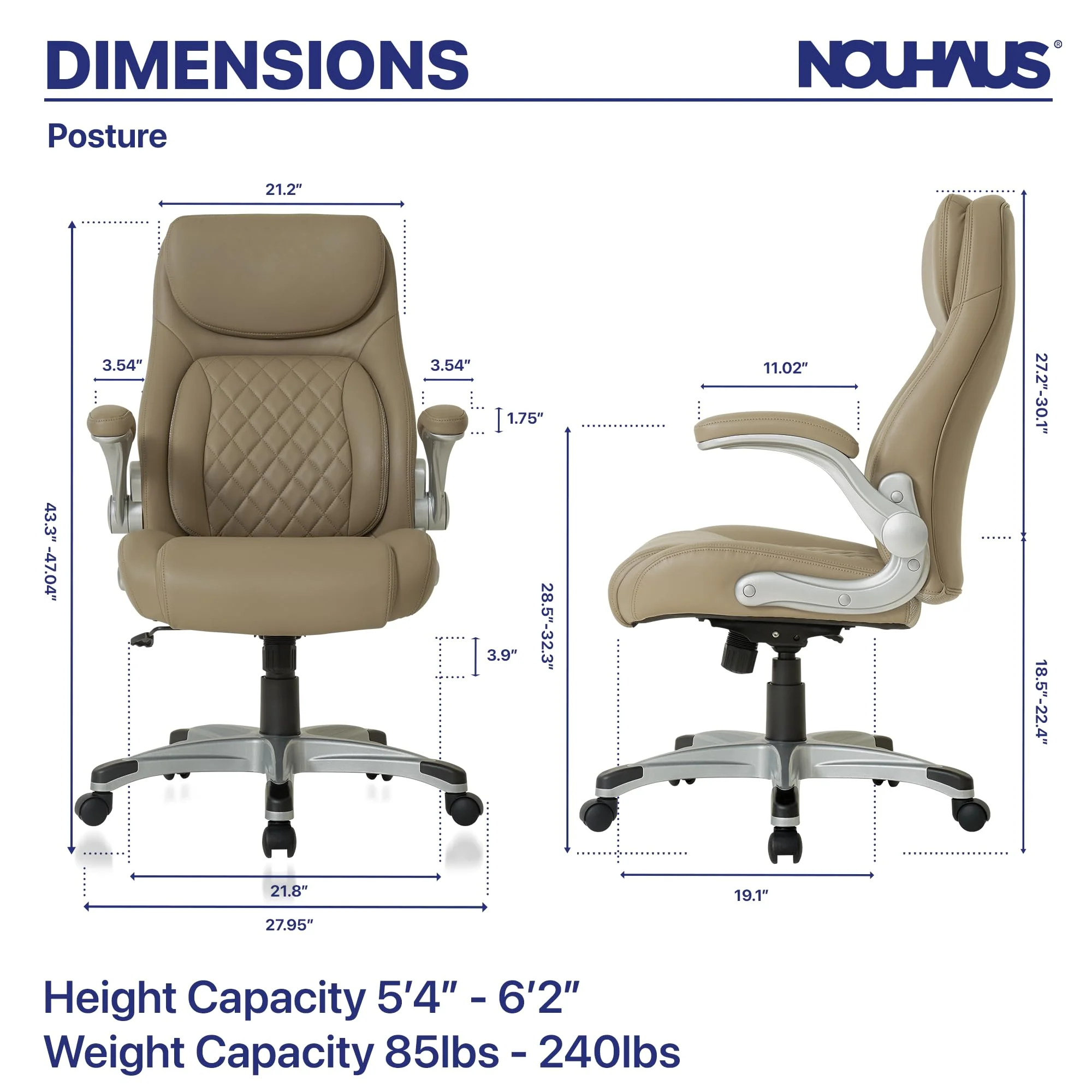 Nouhaus Posture Ergonomic PU Leather Office Chair. Click5 Lumbar Support with FlipAdjust Armrests. Modern Executive Chair and Computer Desk Chair
