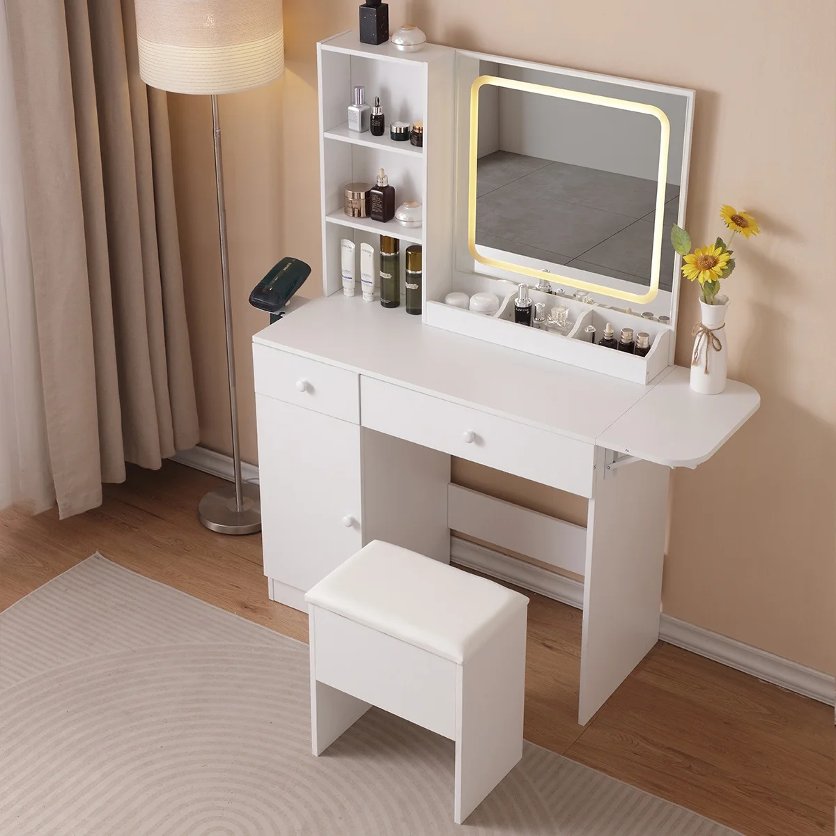 PORKISS Makeup Vanity Desk with Mirror & Lights, Vanity Table Set with Power Outlet & Hair Dryer Rack, Modern Dressing Table for Bedroom with 2 Drawers, Storage Cabinet and Storage Stool, White