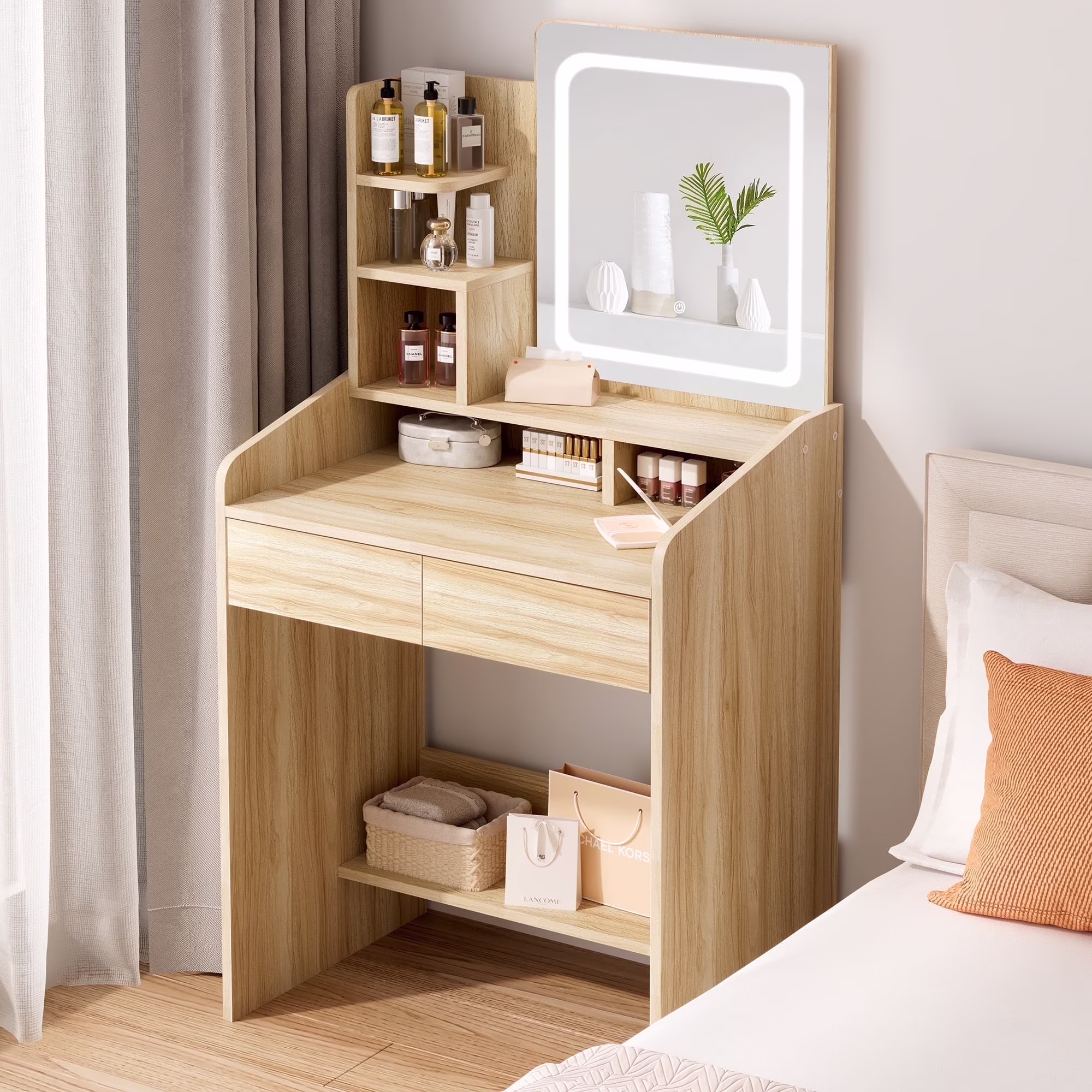 LIVELYGLOW Vanity Desk Set with Square Mirror and Light- Small Vanity Table with Drawers- White