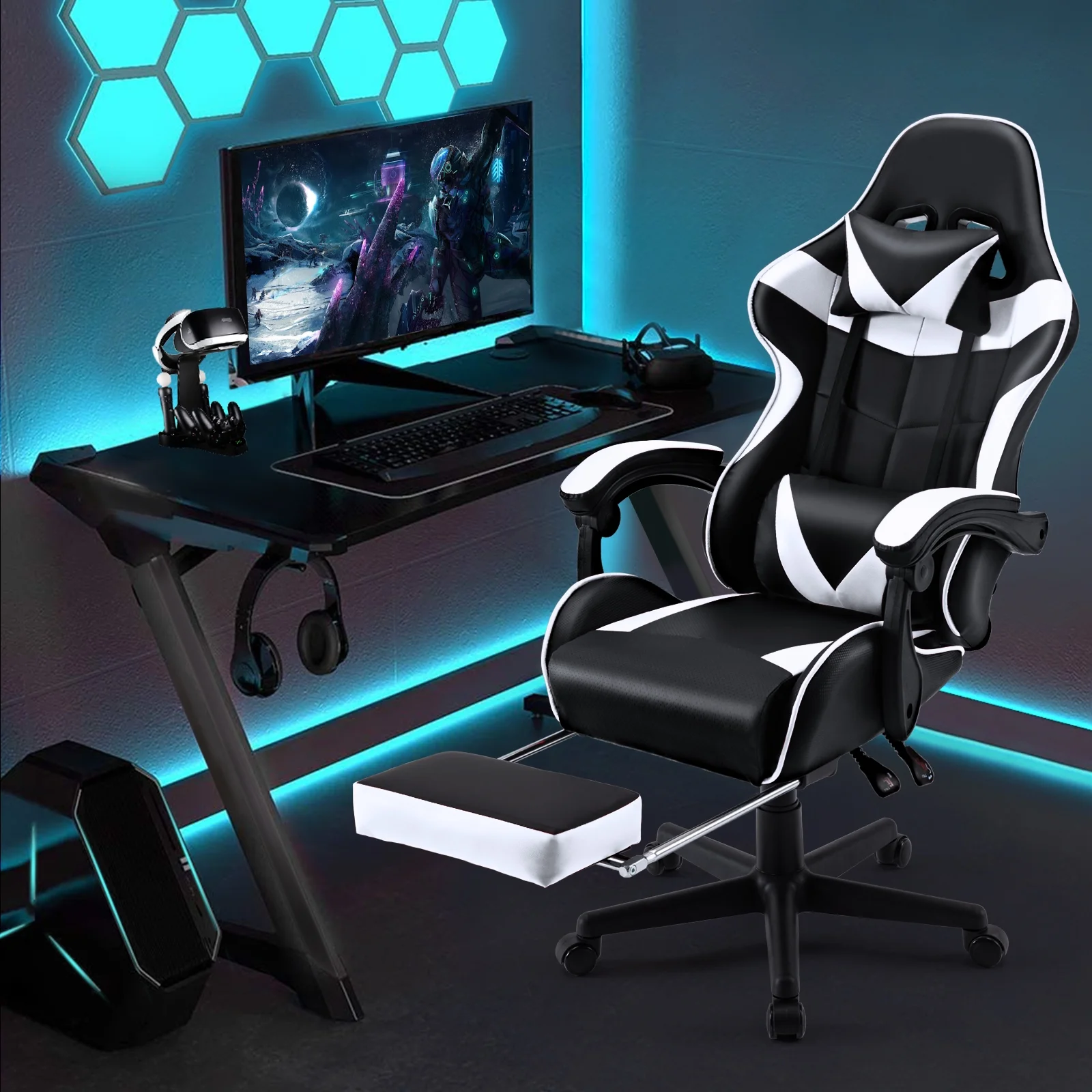 SOONTRANS Green Gaming Chair with Footrest, High Back Gamer Chair with Massage Lumbar Pillow, Gamer Computer Desk Chair (Green)