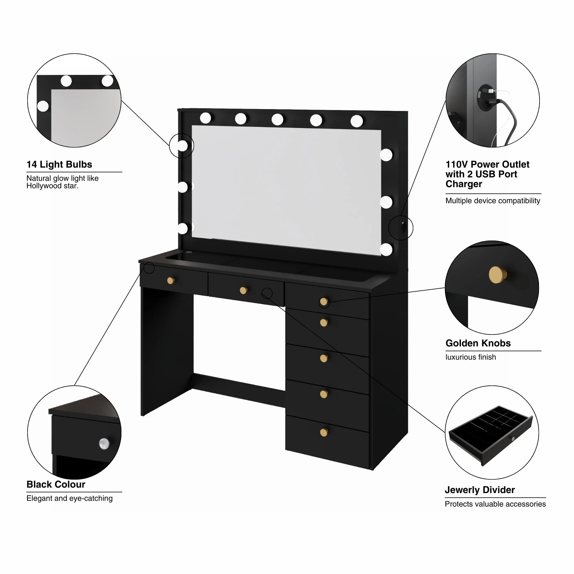 Ember Interiors Modern Large Greige Makeup Vanity Desk with Built-in Lights, Power Outlet with USB Type-C, Glass Top, 7 Drawers and Crystal Knobs