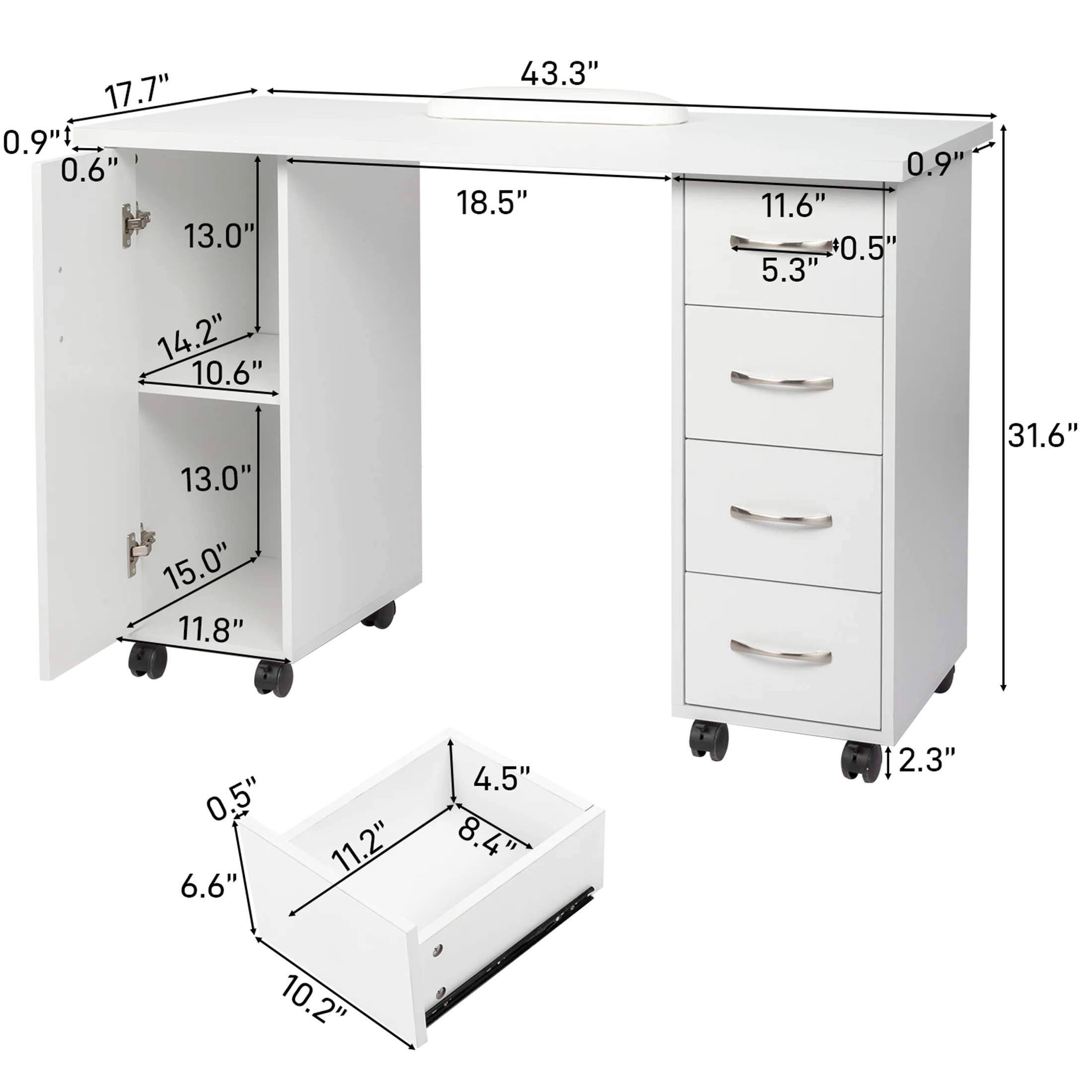 Sesslife White Computer Desk, Writing Desk with Lockable Wheels???Modern Wood Study Desk with 4 Drawers for Home Office Workstation