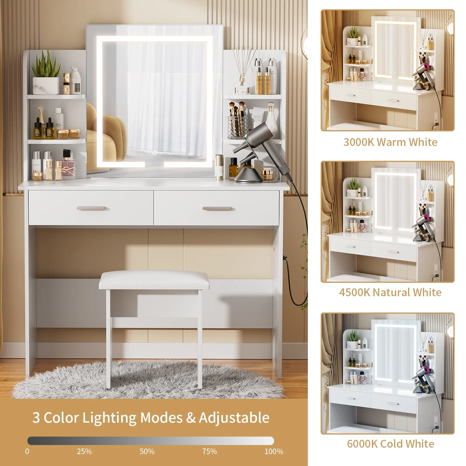 RichYa Modern Makeup Vanity Set with Lights Mirror and Drawers,White Makeup Desk,Dressing Table