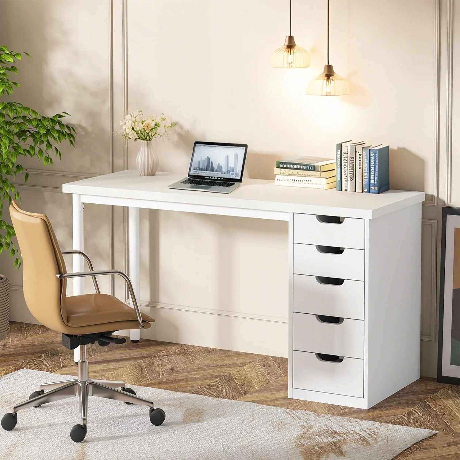 Tribesigns 47 inches Vanity Desk with 5 Drawers, Rustic Makeup Dressing Table with Storage, Modern Simple Computer Desk for Women, Girls (Brown)