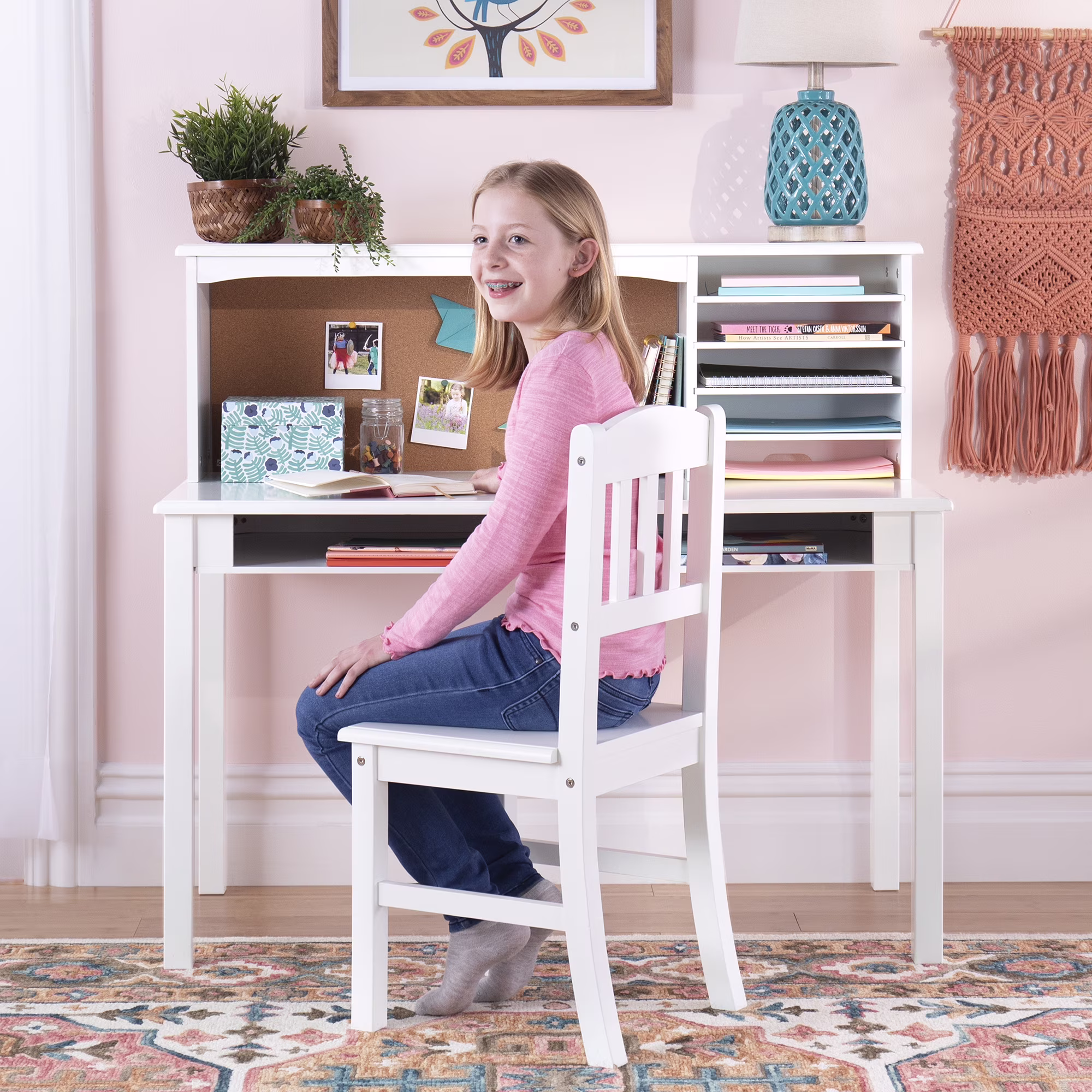Guidecraft Kids Media Desk and Chair Set - Gray: Kids Desk and Chair Set, Study Table for Kids with Hutch and Shelf, Wood Bedroom Furniture Set