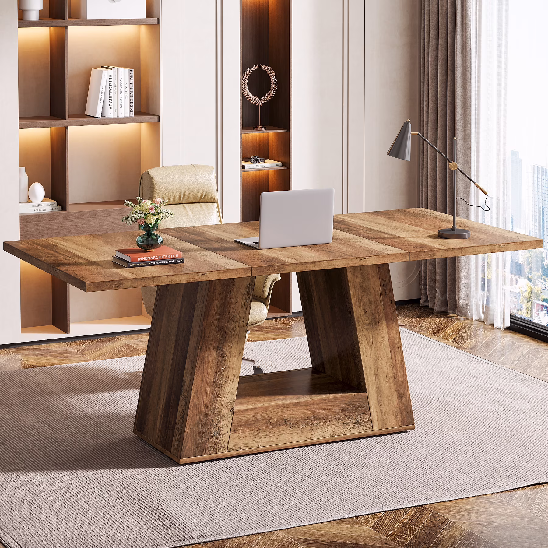 Tribesigns Modern Computer Desk, 63 inch Wooden Faux Marble Study Writing Table with Sturdy Base for Home Office, Black