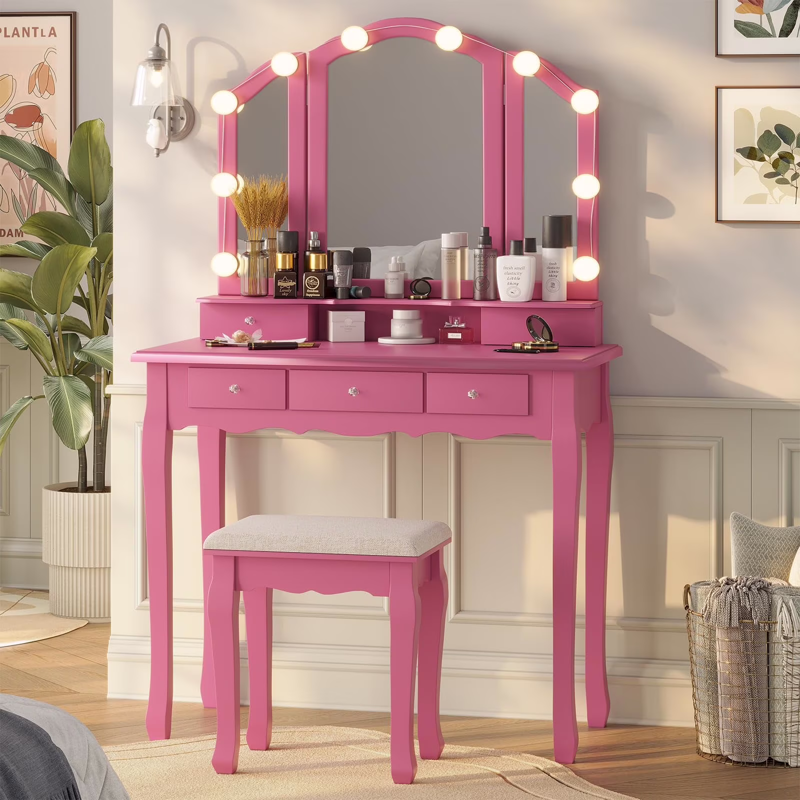 Afuhokles Vanity Table Set with Lighted Tri-Fold Mirror and Stool, Makeup Vanity Dressing Desk 5 Drawers, White