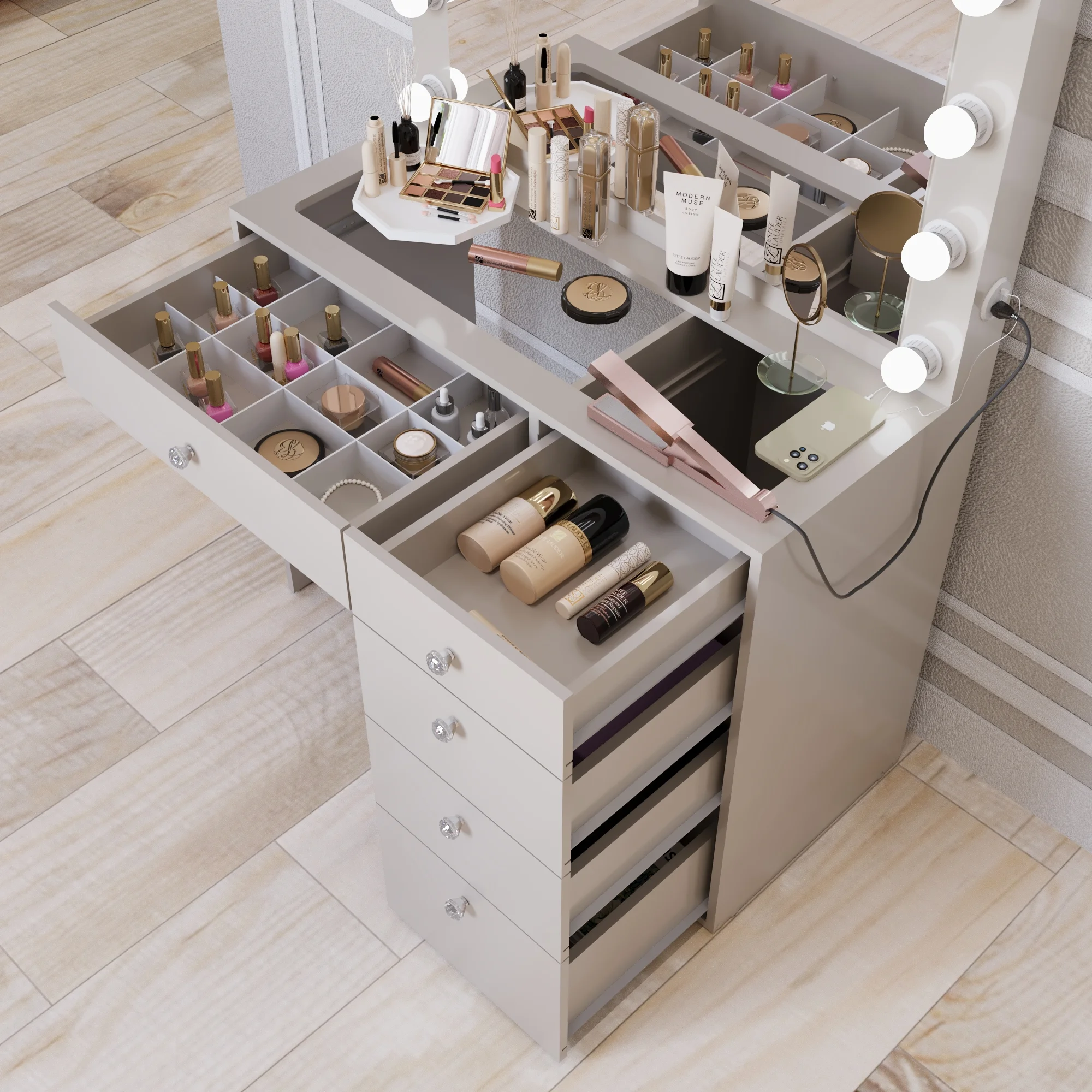 Boahaus Alana White Vanity Desk with LED Lighted Mirror, 5 Drawers, Jewelry Divider, Bluetooth Speakers, and Charging Station