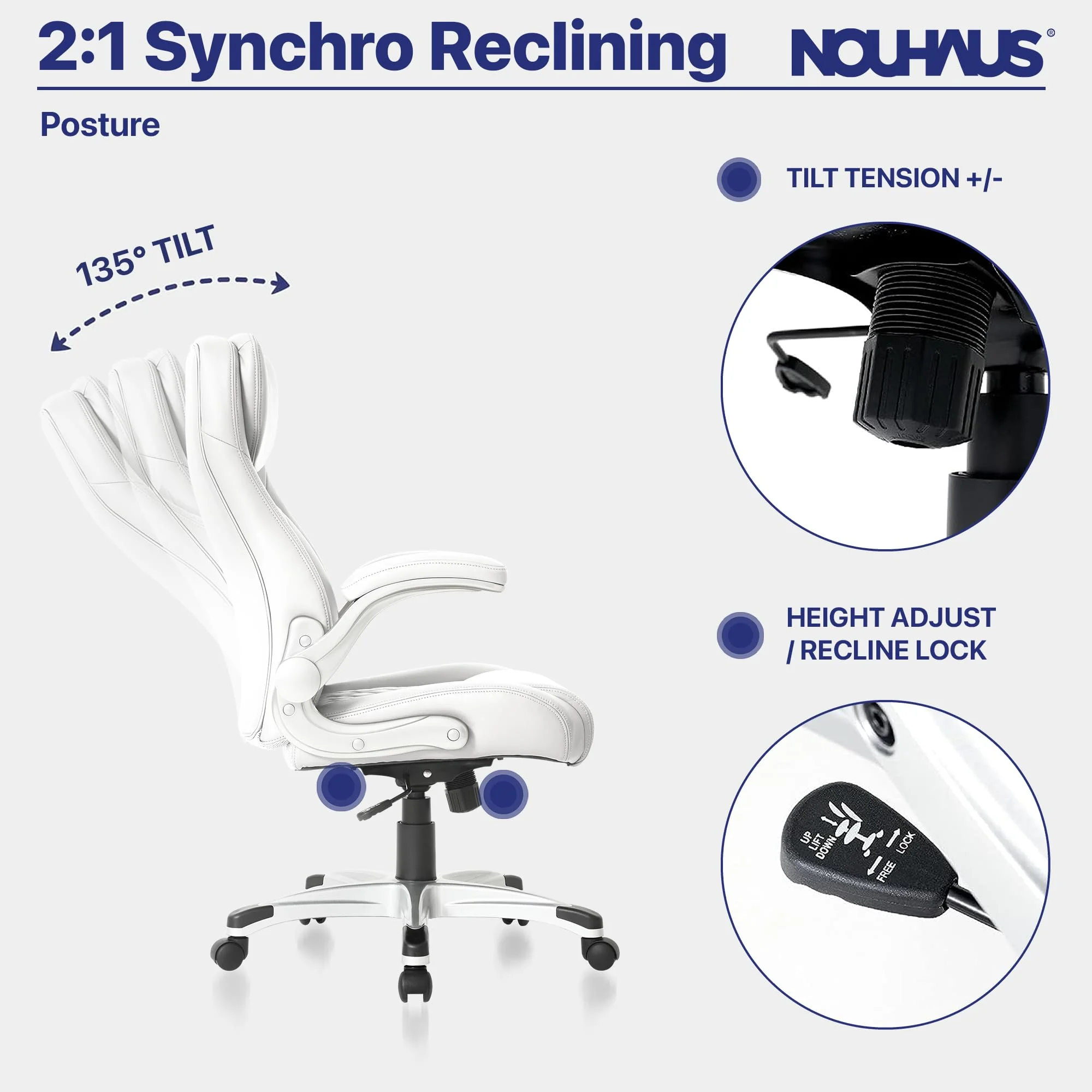 Nouhaus Posture Ergonomic PU Leather Office Chair. Click5 Lumbar Support with FlipAdjust Armrests. Modern Executive Chair and Computer Desk Chair