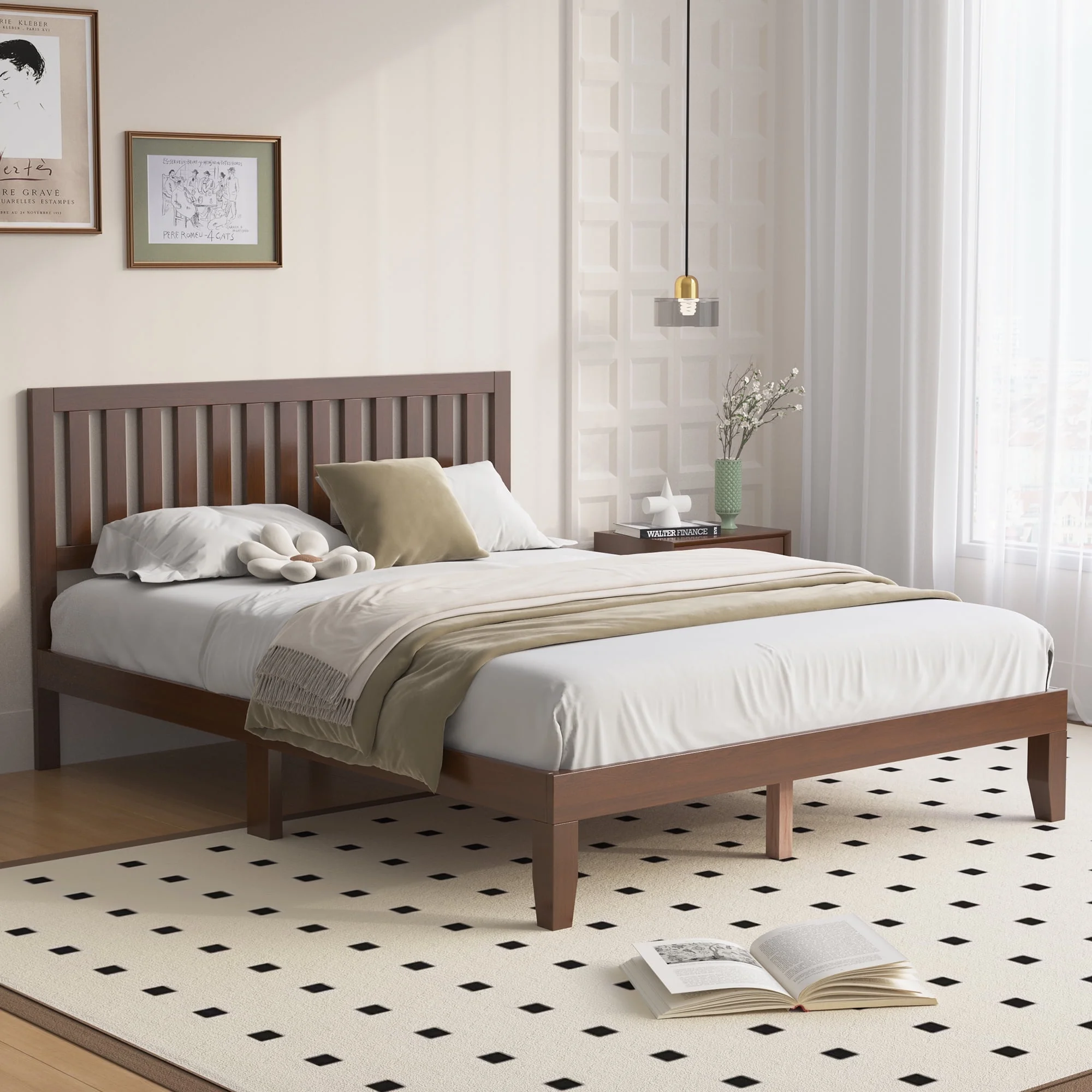 Telino Queen Bed Frame, Queen Wood Platforms Bed Frame with Wooden Slats Support, No Box Spring Needed, Pine