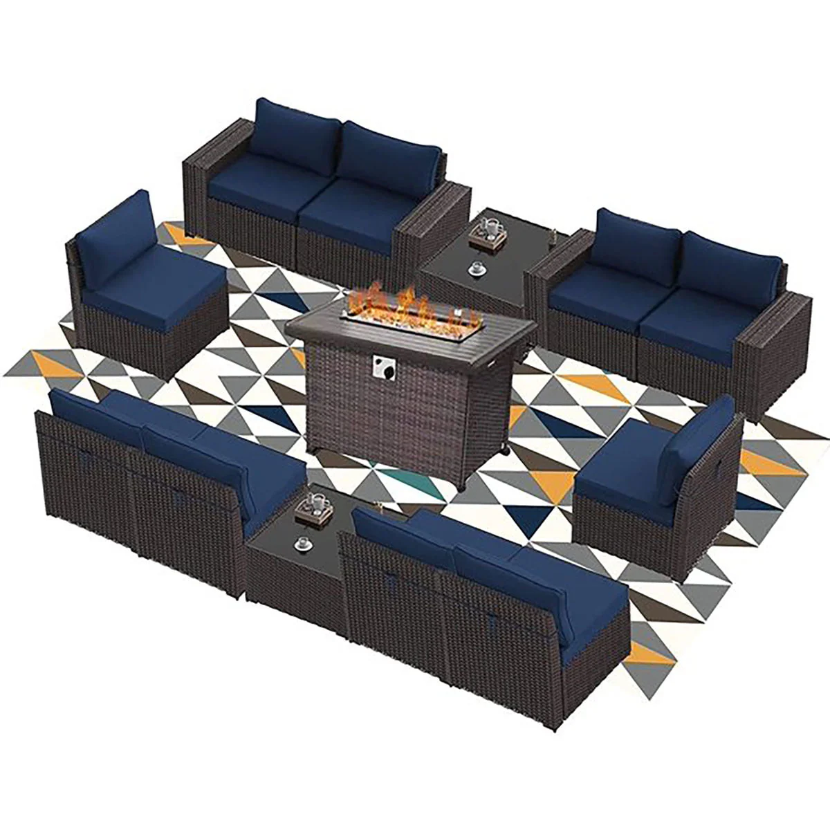 Kullavik Outdoor Patio Furniture Set with Gas Fire Pit Table, 13 Pieces Outdoor Furniture Set Patio Sectional Sofa w/43in Propane Fire Pit, PE Wicker Rattan Patio Conversation Sets,Navy Blue