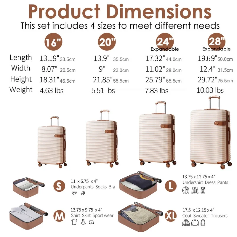 EBQOSK 4PCS Carry On Expandable Luggage Set with 4 Packing Cubes, 16/24/26/28 Inch Three-layer ABS Composite Suitcases with TSA Lock & 360°Spinner Wheels for Family Travel, Expand 25% Space Brown