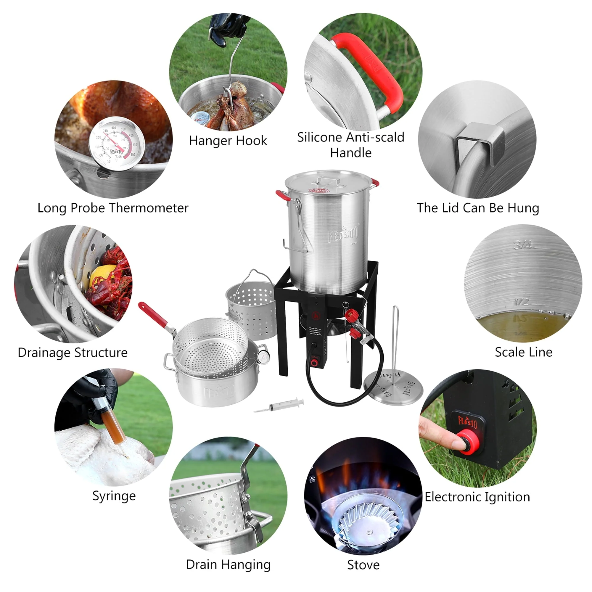 FEASTO Turkey Fryer and Fish Boiler Set with 30 Qt and 10 Qt Aluminum Pots Set, Auto Ignition,55000BTU Propane Burner for Outdoor Cooking