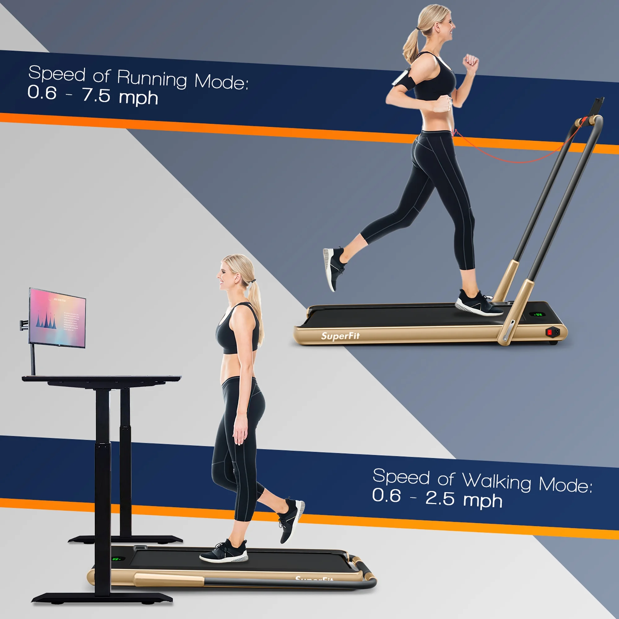 SuperFit Up To 7.5MPH 2.25HP 2-in-1 Folding Under Desk Treadmill W/Speaker Controller APP, Single Display Screen Silver