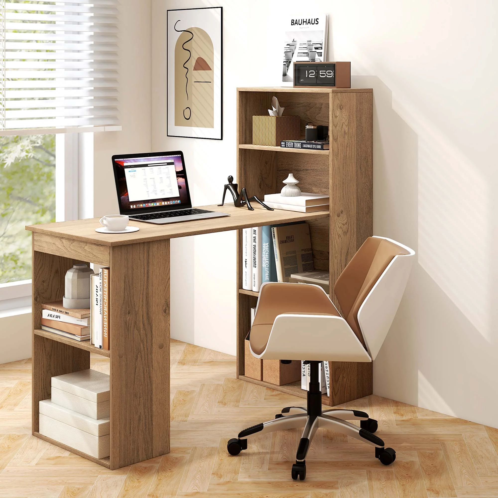 Costway Computer Desk Writing  Workstation Office 6-Tier Storage Shelves Natural