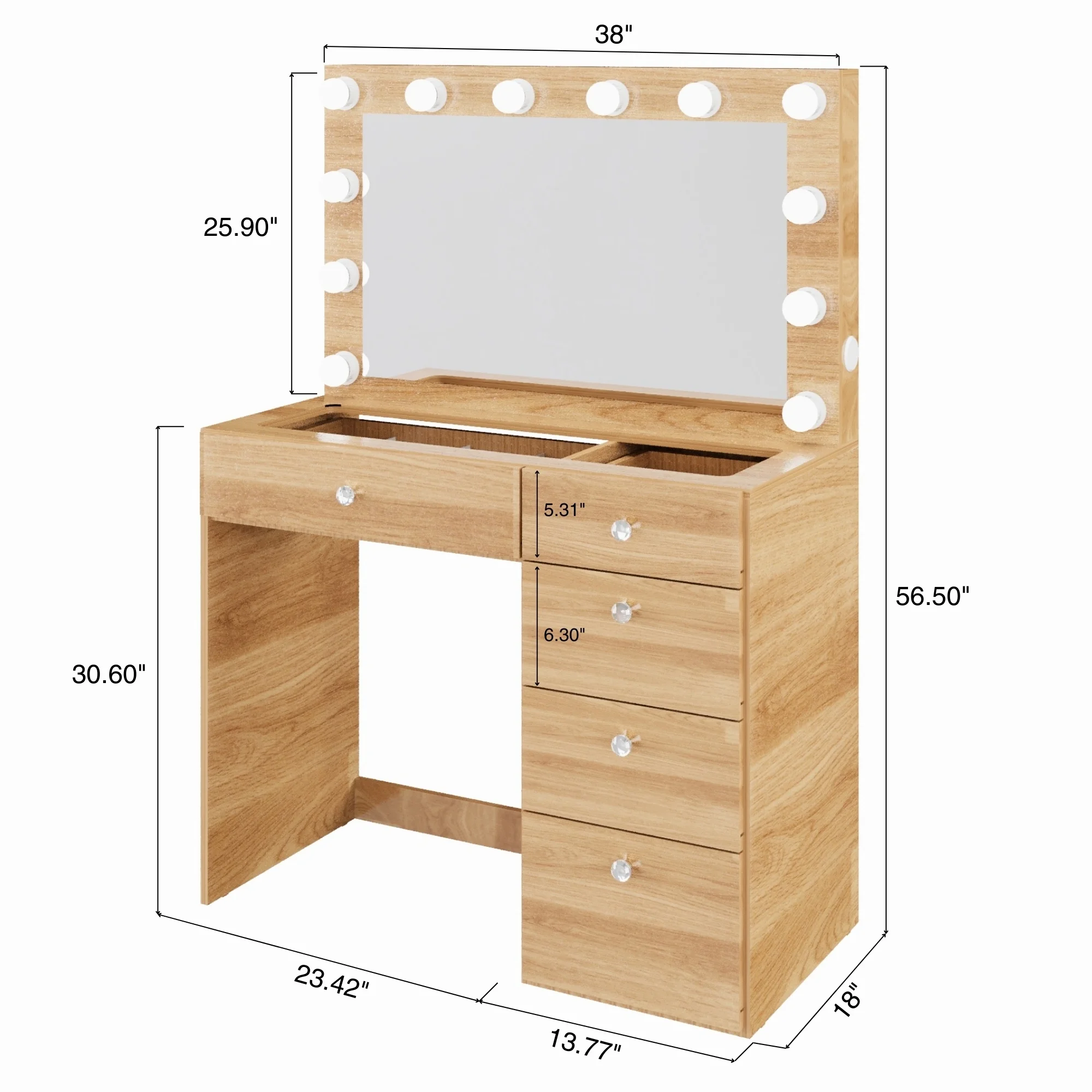 Boahaus Alana White Vanity Desk with LED Lighted Mirror, 5 Drawers, Jewelry Divider, Bluetooth Speakers, and Charging Station