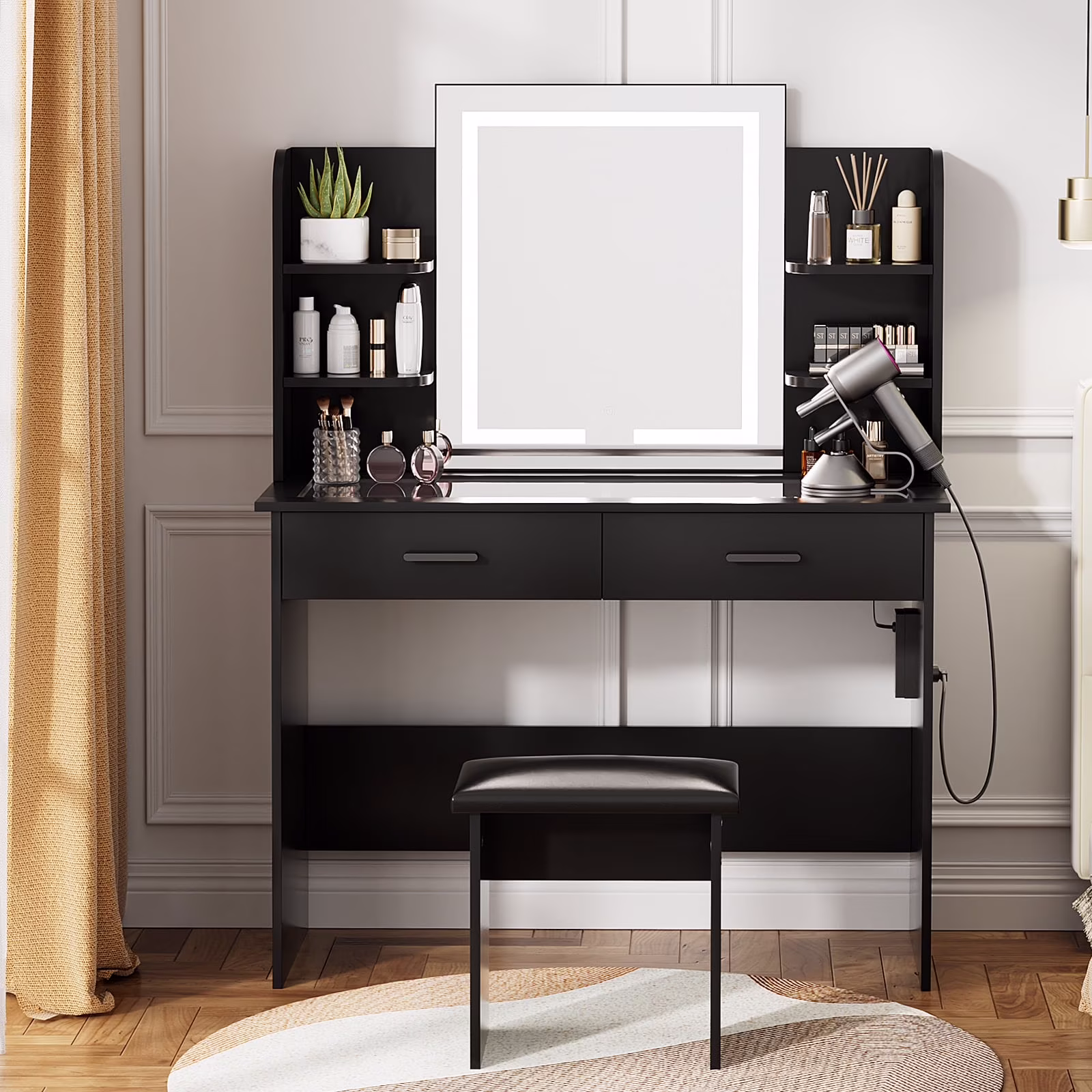 RichYa Modern Makeup Vanity Set with Lights Mirror and Drawers,White Makeup Desk,Dressing Table