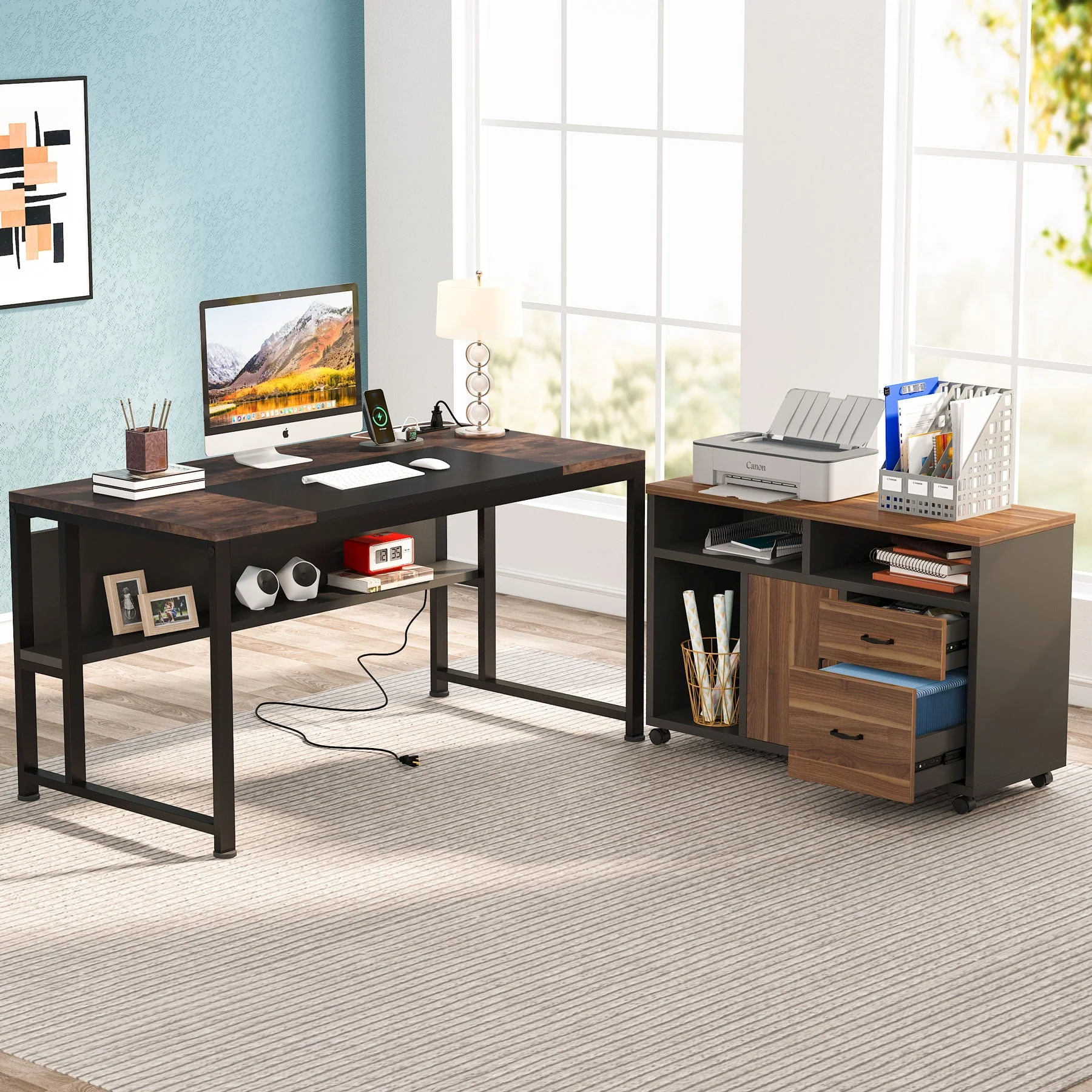 L-Shaped Computer Desk, 55 inches Executive Office Desk with File Cabinet and Power Outlet, Table Writing Desk with Drawers and Shelves, Business Furniture Set for Home Offices