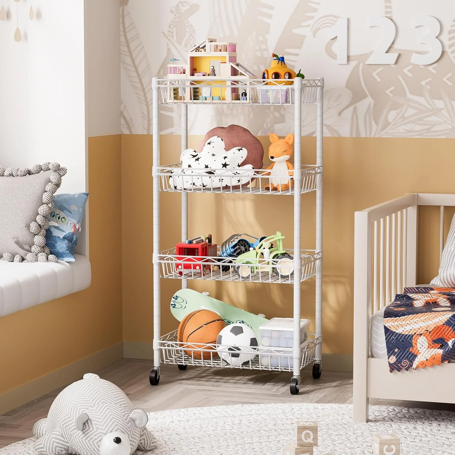 6 Tier Wire Shelving Unit with Wheels Baskets Storage Rack Corner Shelves Adjustable Shelf Closet Bathroom Organizers Metal Pantry Kitchen Garage Laundry Room 13.5
