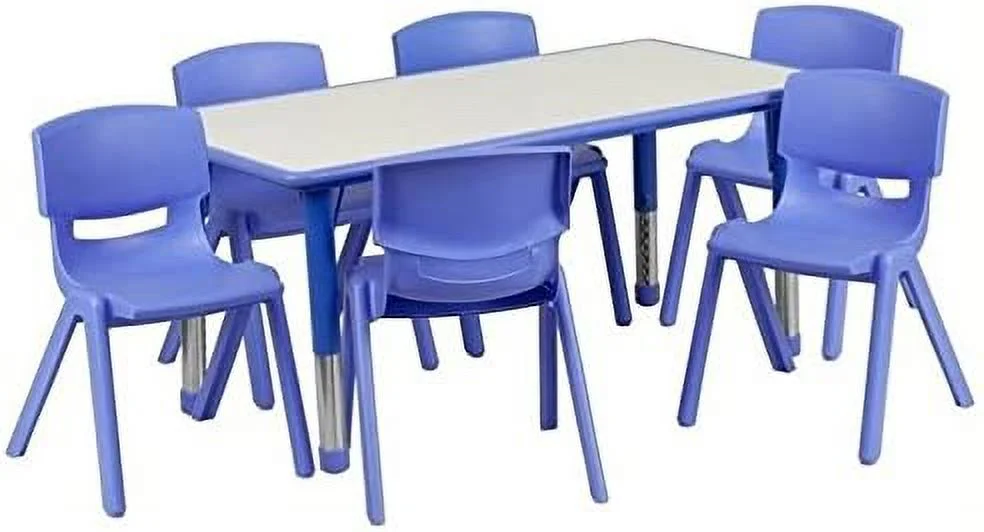 Pemberly Row Plastic Activity Table Set with 6 School Stacking Chairs in Blue
