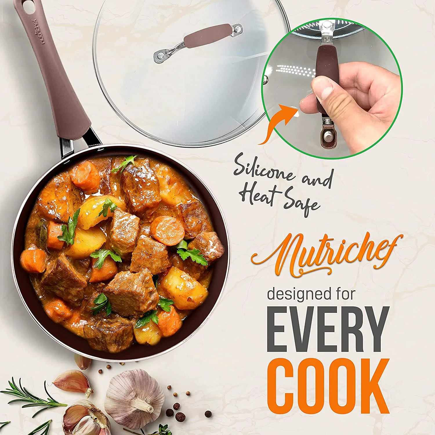 NutriChef Nonstick Cookware Pots & Pans, 14pce Set in Bronze-Aluminum