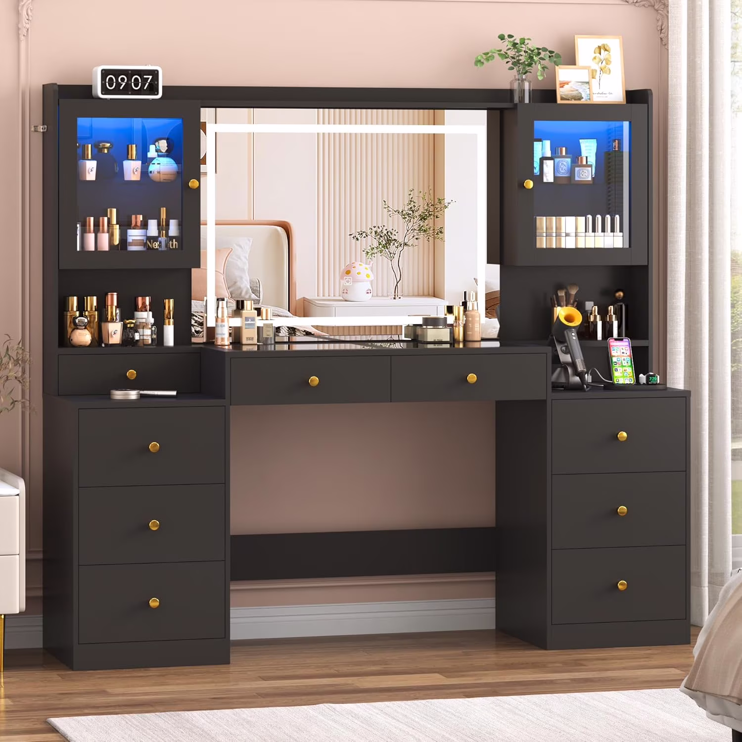 Blotout 62'' Large Vanity Desk w/60000-color LED Lights, Tempered Glass Top, Power Outlet, Makeup Vanity Table w/ 3 Lights Mode Mirror, 9 Drawers, 2 RGB Cabinets, LED Dressing Table for Girls, Women