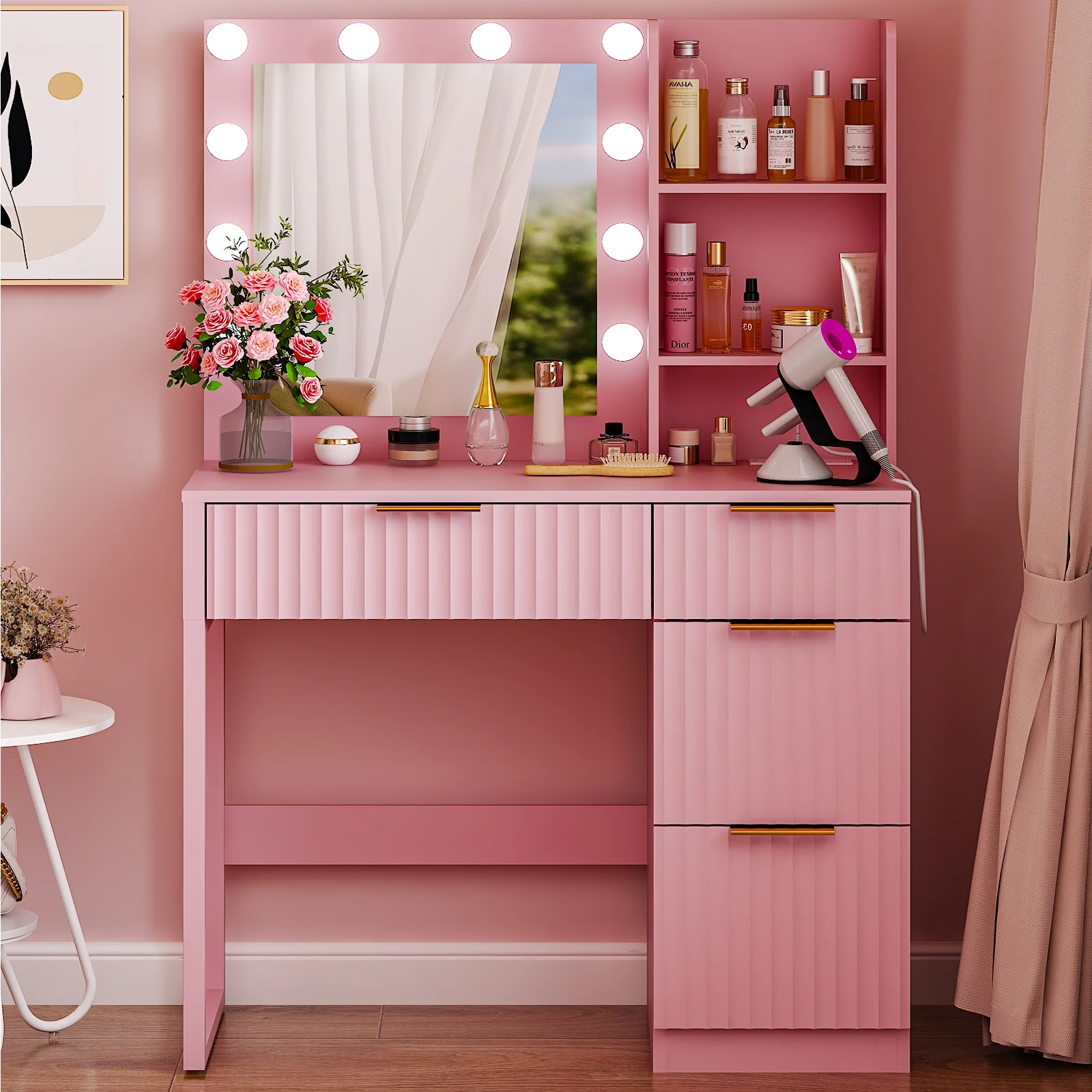 Ktaxon Vanity Set with 3 Color Lighted Mirror, Makeup Table with 3 Storage Shelves & Drawers, Dressing Table Makeup Desk with Stool,White