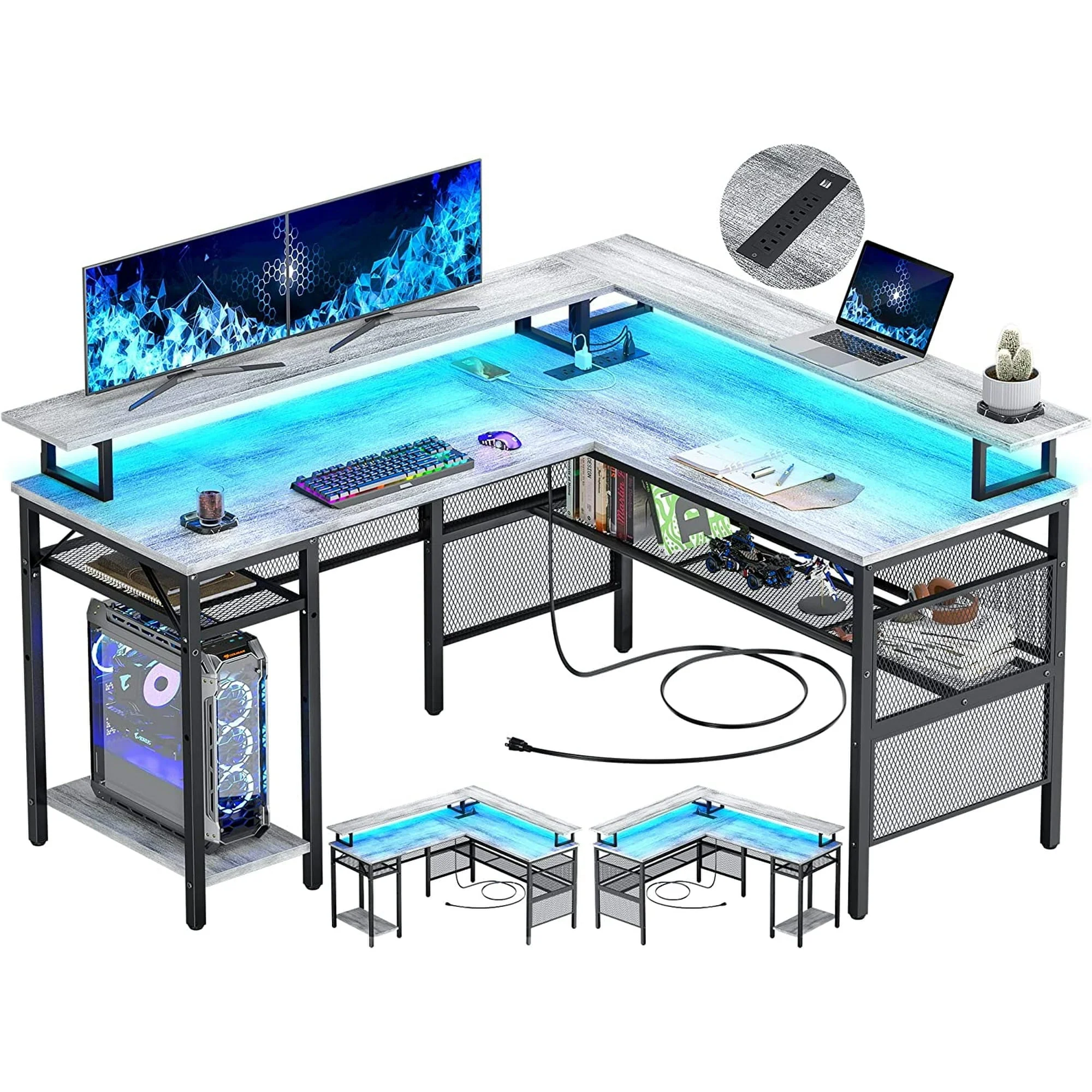 Homieasy L Shaped Desk with Power Outlets and LED Light, 55 inch Reversible L-Shaped Gaming Desk with Monitor Stand, Ergonomic Corner Computer Desk with Storage Shelf for Home Office, Rustic Brown