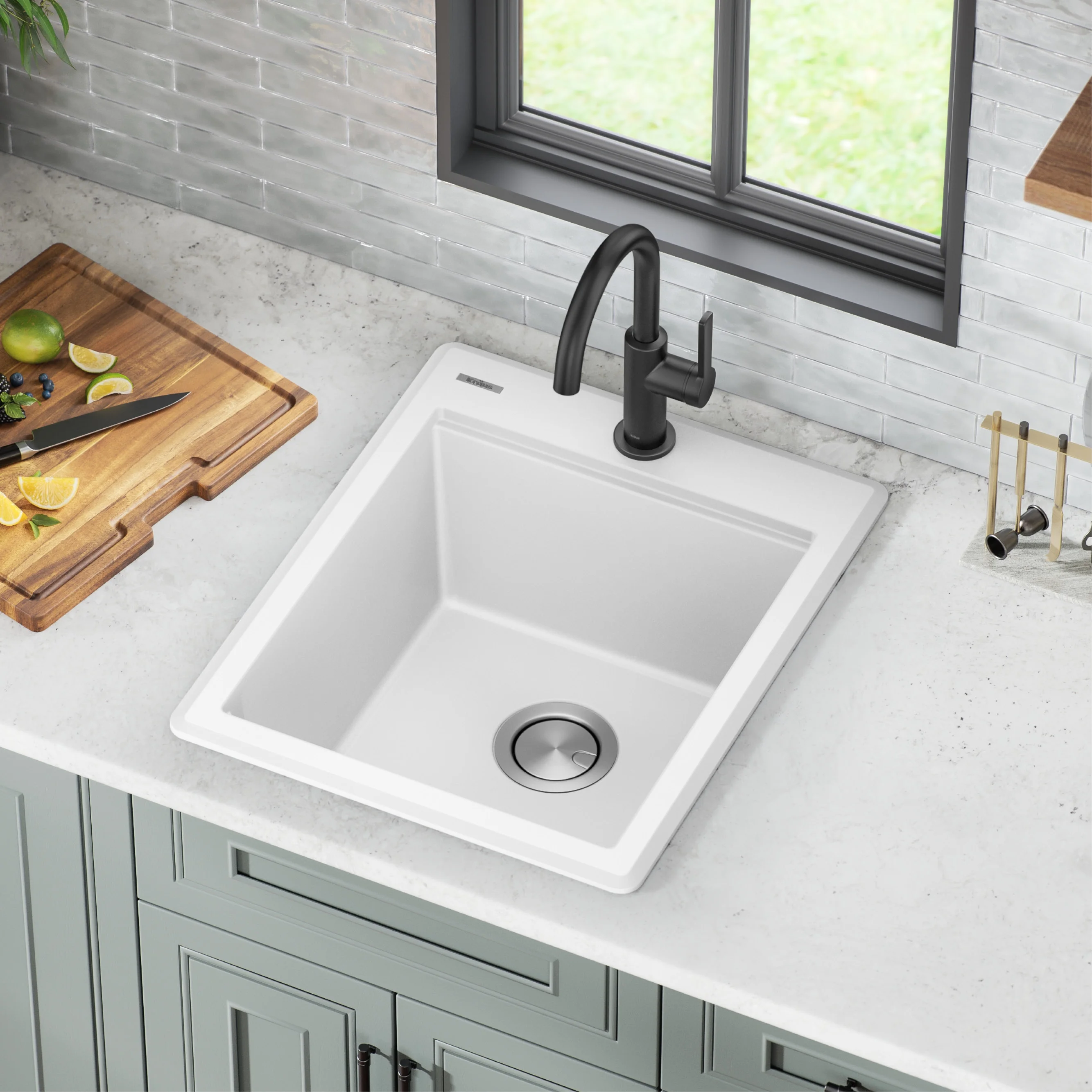 KRAUS Bellucci 18 Granite Composite Workstation Drop-In Top Mount Single Bowl Kitchen Bar Sink in White with Accessories