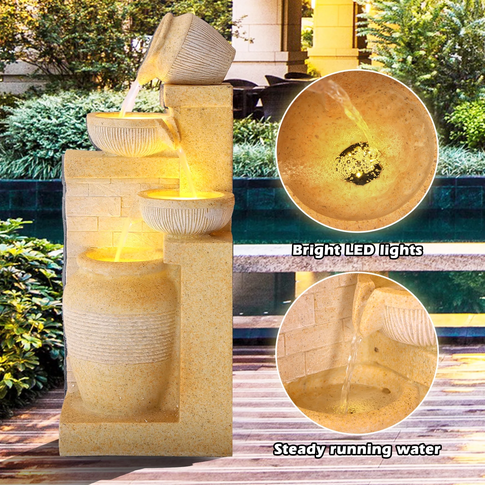 Magic Union Outdoor 4-Tiers Water Fountain, Garden Cascading Waterfalls Fountain with LED Lights, 32
