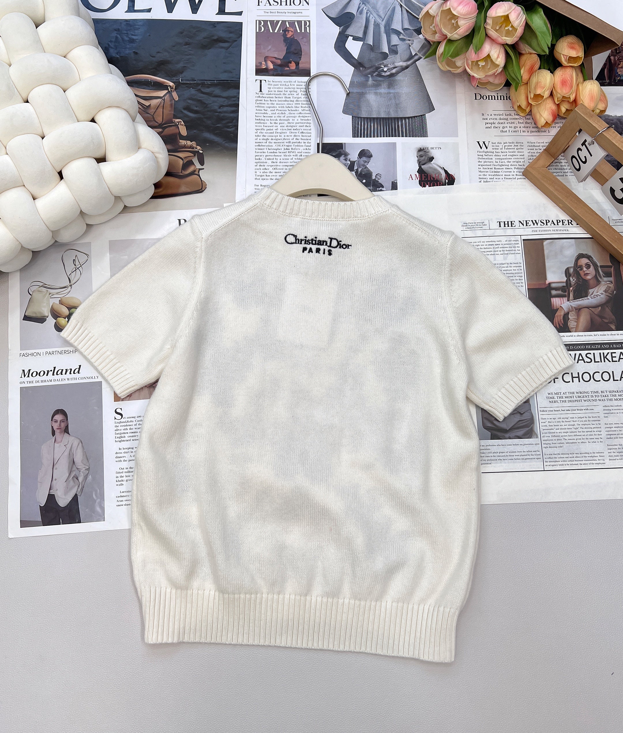 Heavily embroidered butterfly and floral wool short-sleeved sweater