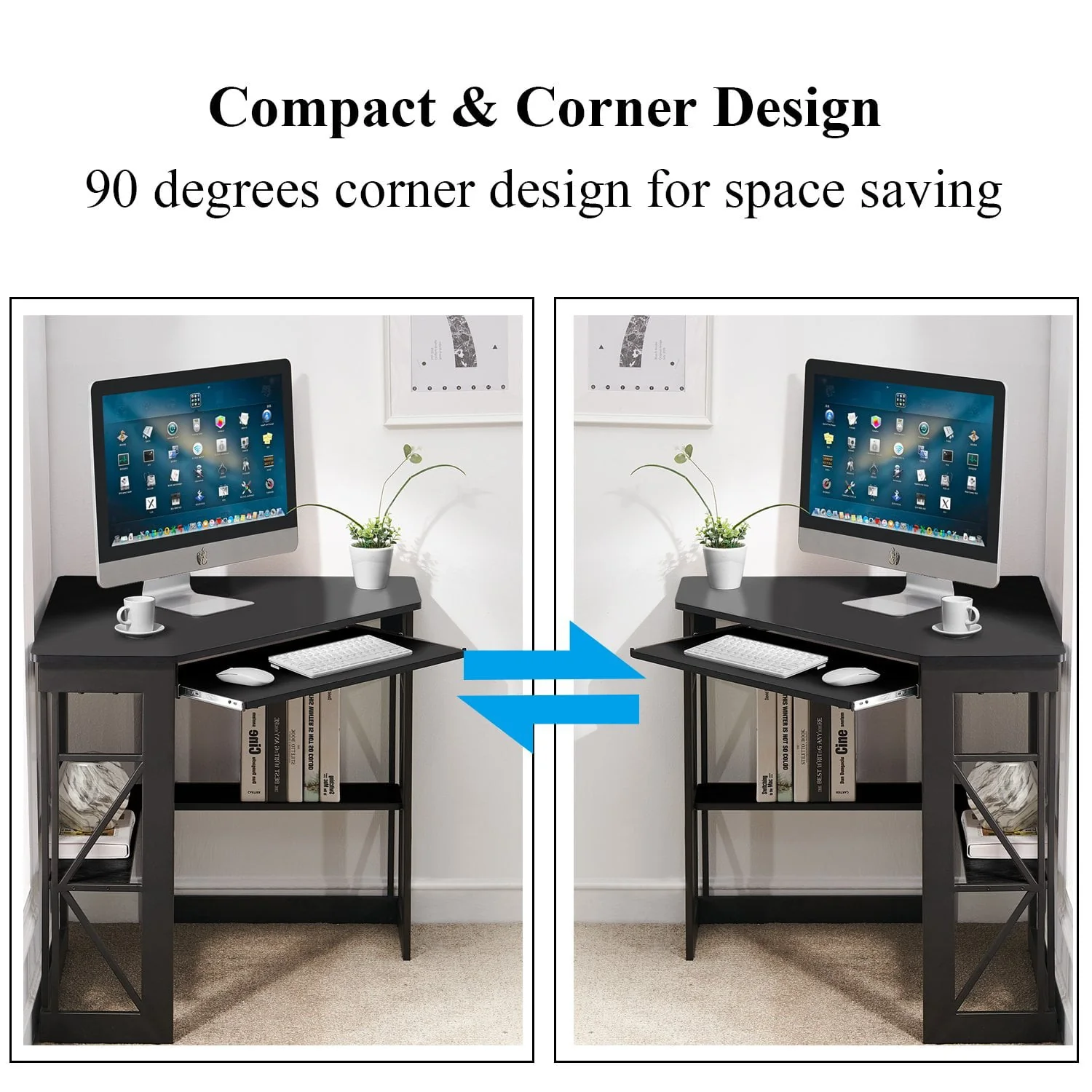 VECELO Corner Computer Desk with Keyboard Tray and Storage Shelf, Student Study Writting Table Workstation for College Dorm Apartment Home Office, Black (90 Degrees)